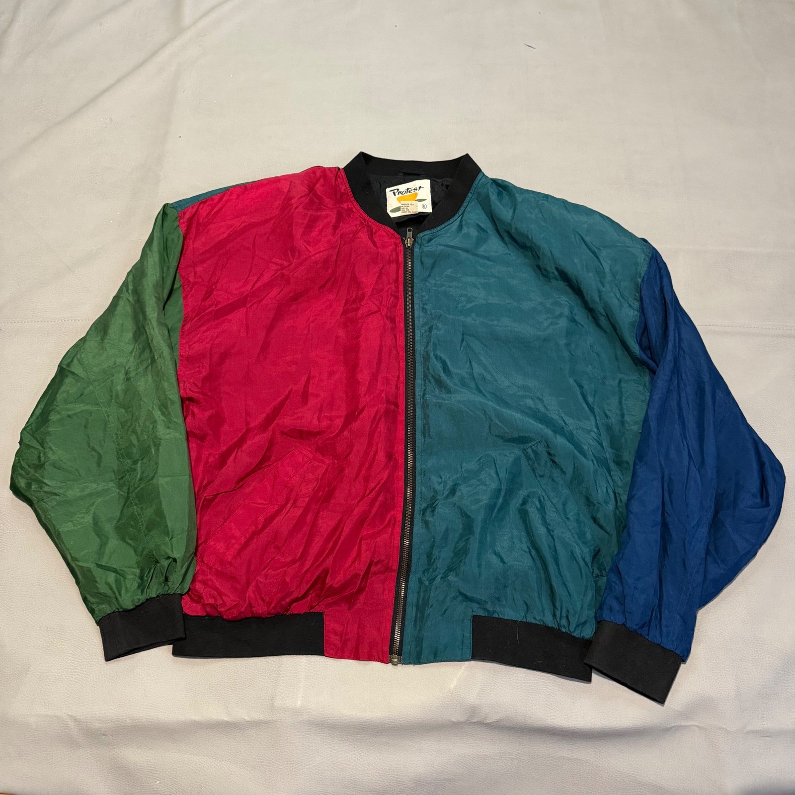 VTG Protest 100% Silk Colorblock Bomber Jacket Shoulder Pad Multicolor L-6858