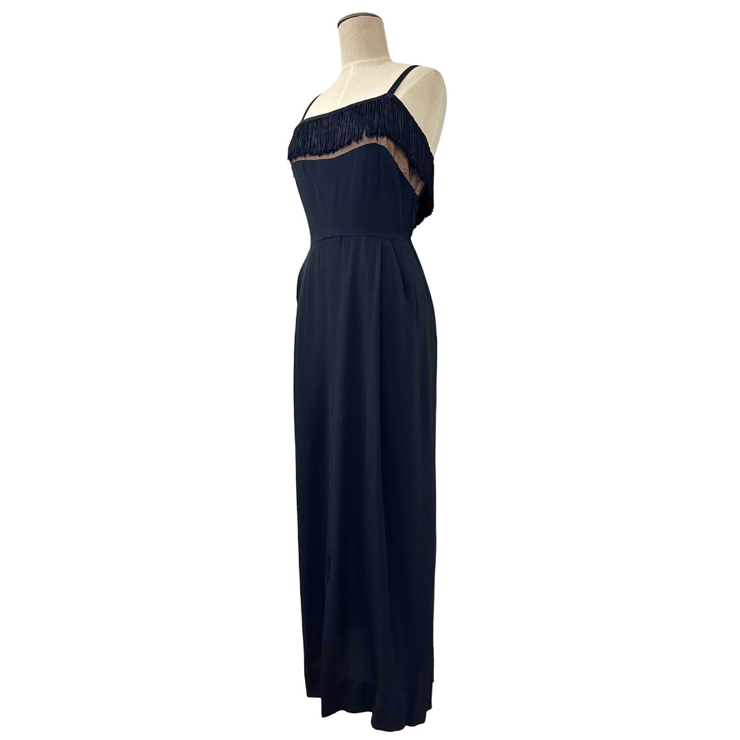 Vintage 1940s Original by Miss America Black Fringe Nude Illusion Wiggle Dress