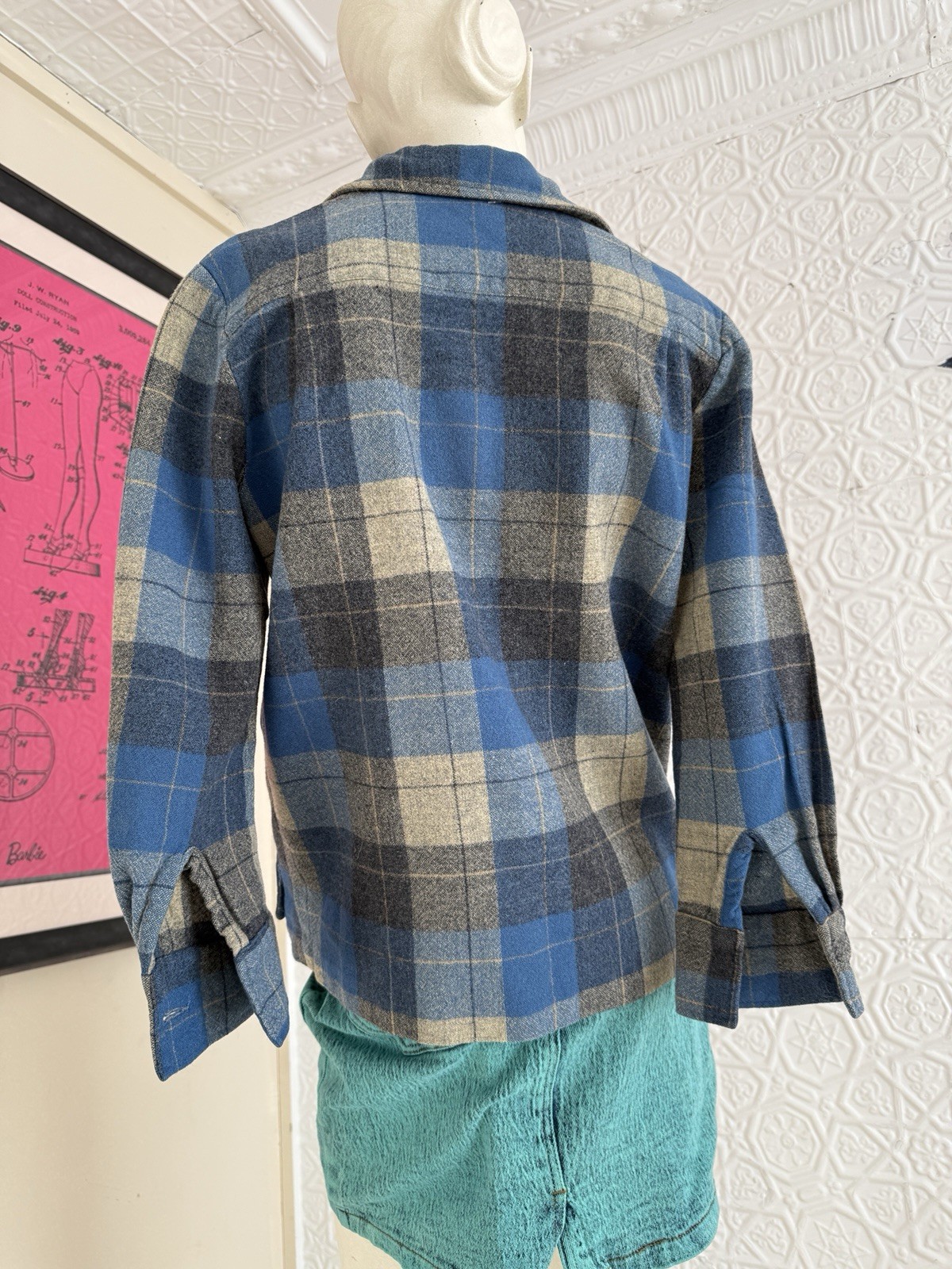 True Vintage 1950s/1940s era pendleton style 49er jacket blue grey plaid S/M