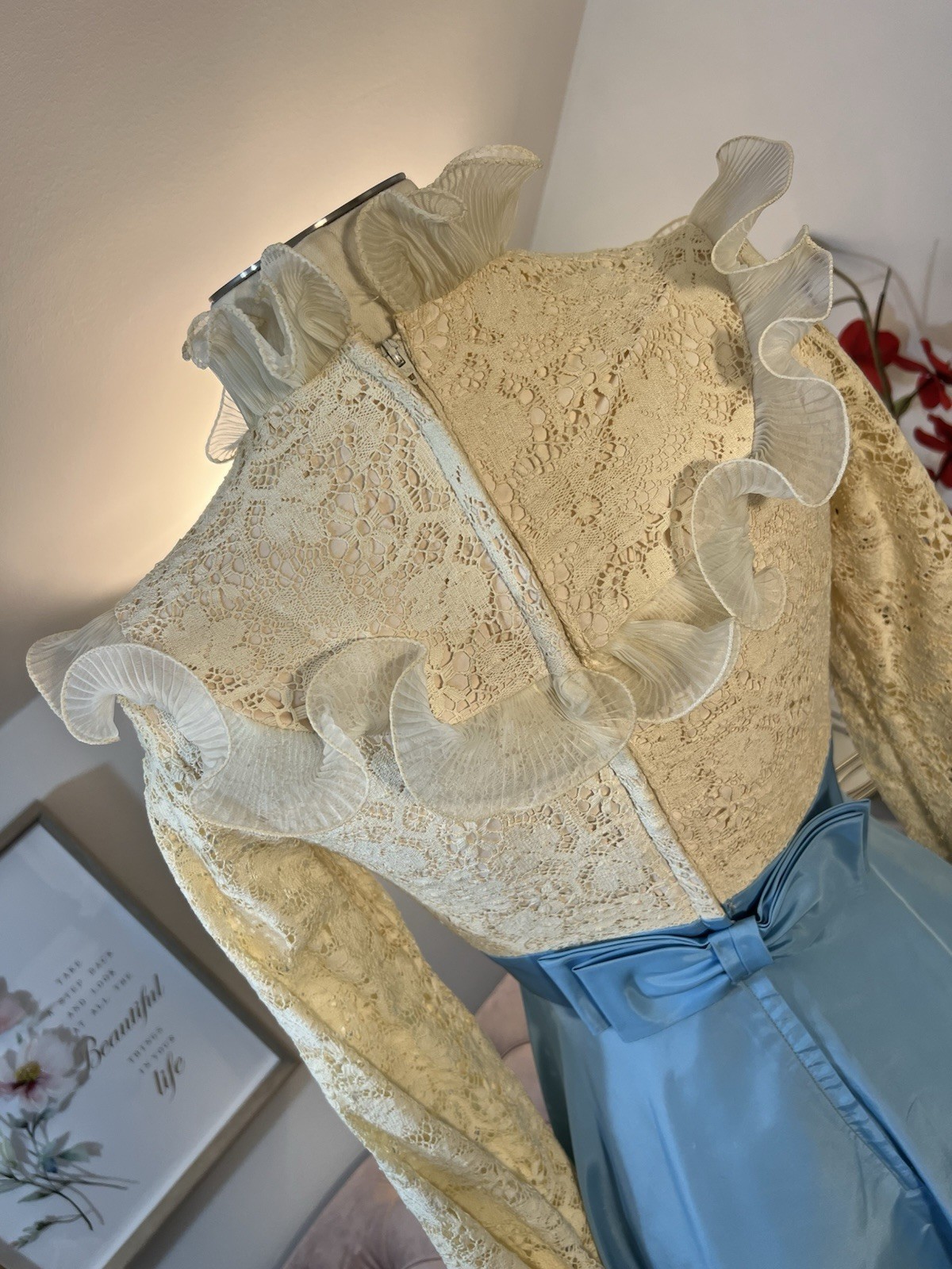 VTG Victorian Cottagecore Bridgerton Blue & Cream Lace & Ruffle Dress SZ XS 0-2