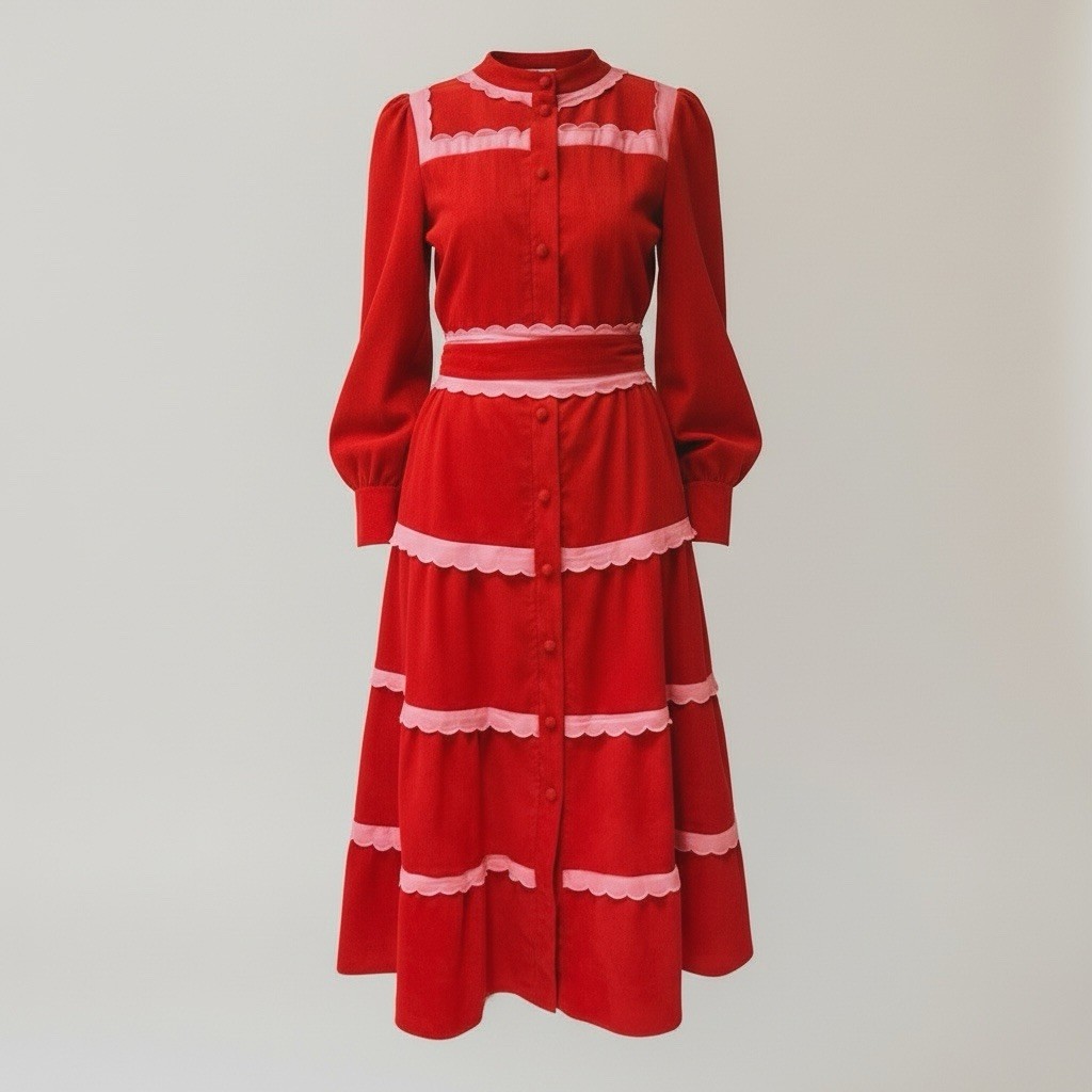 Handmade Cottagecore Red Corduroy Midi Dress Pink Scallop Trim Size M OOAK Art!!