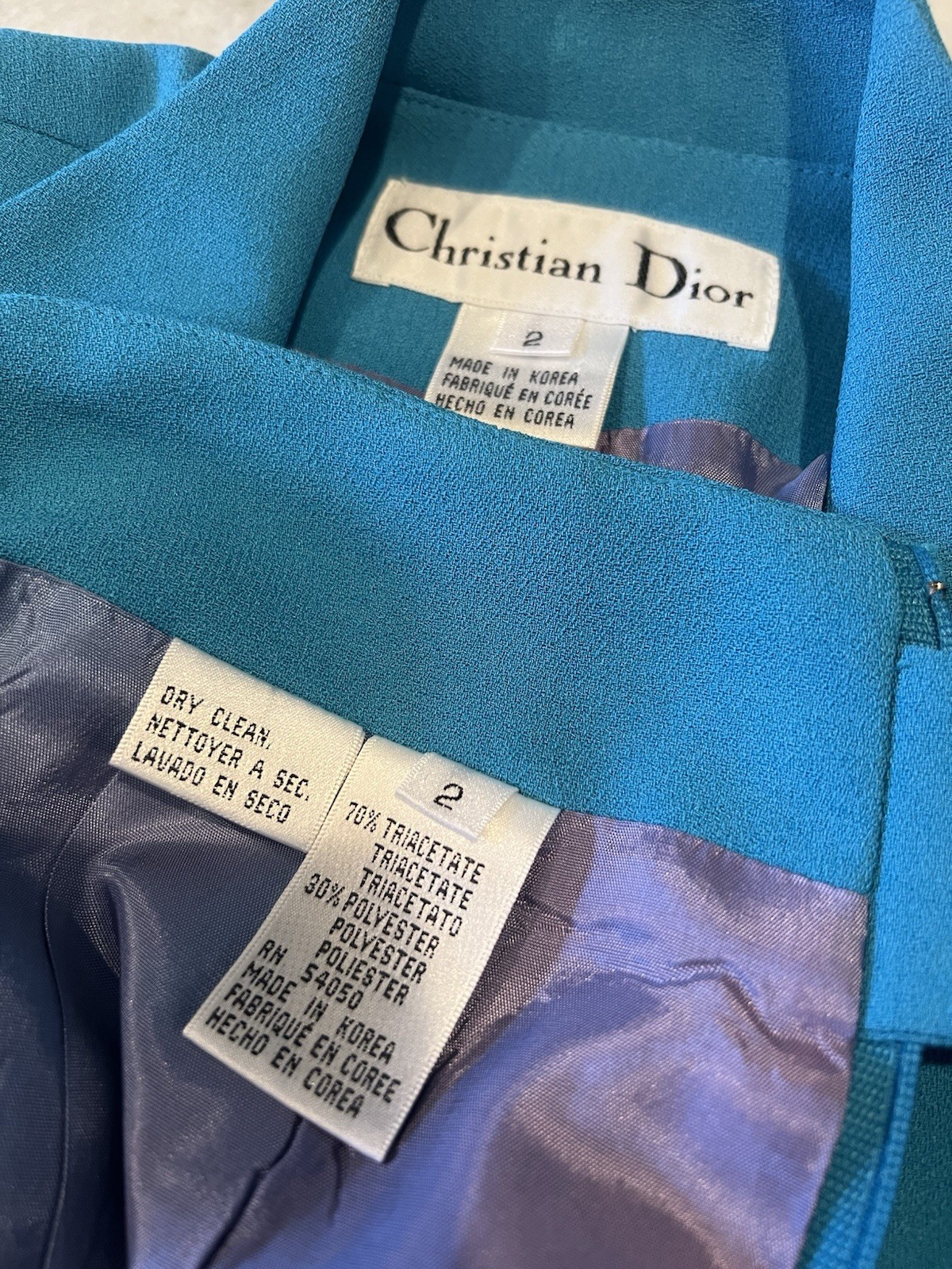 VTG Christian Dior Size 2 1980s 2Pc Turquoise Blue Skirt Suit Set