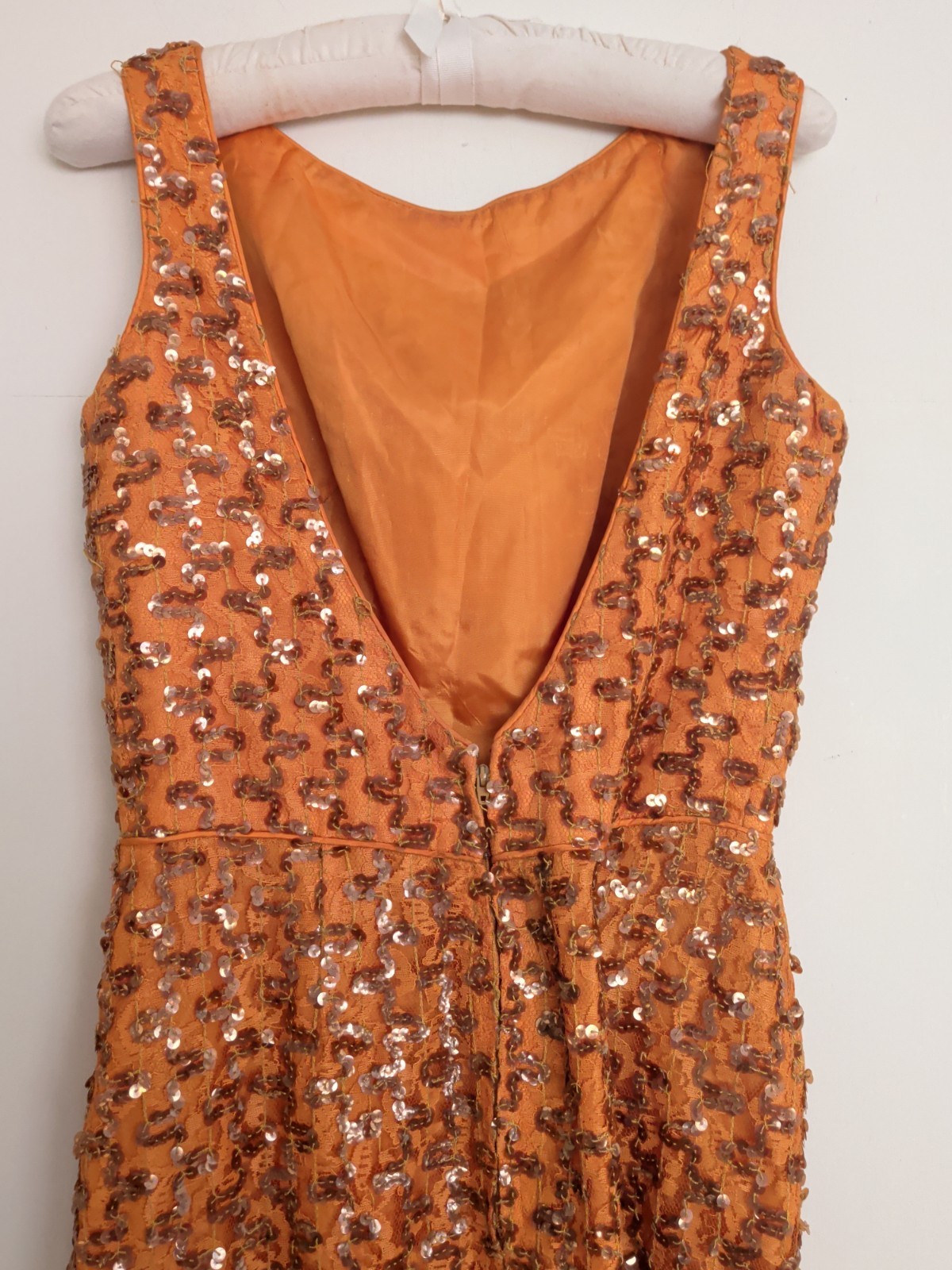 Vintage 60s Mod Burnt Orange Bronze Sequin Dress Column Low Back 36