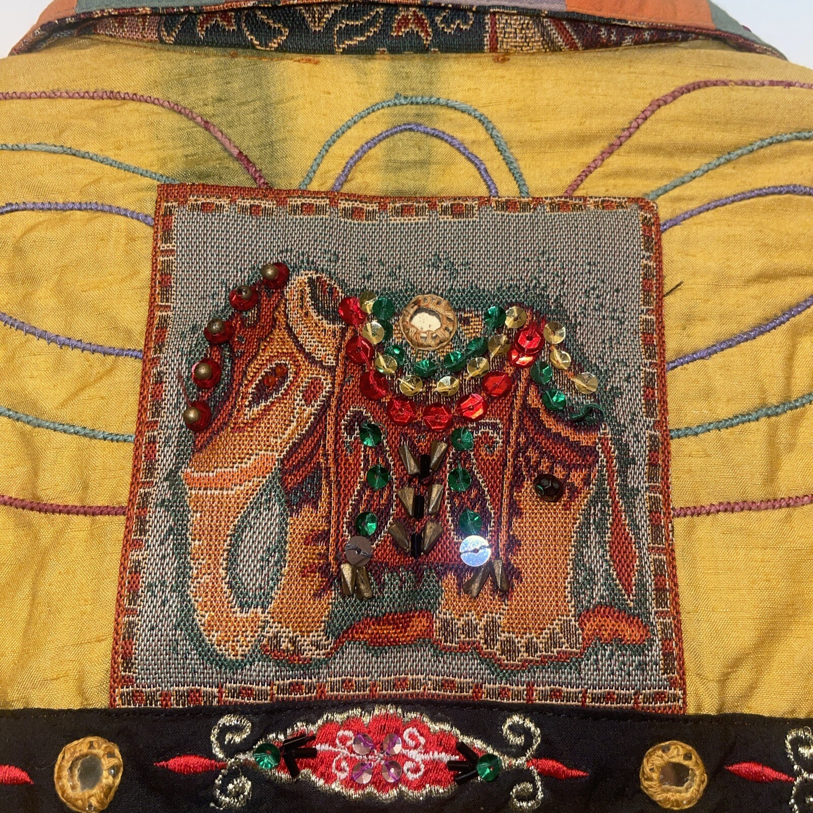 Anage Art To Wear Silk Applique Jacket L Sequined Paisley Boho Festival Vtg