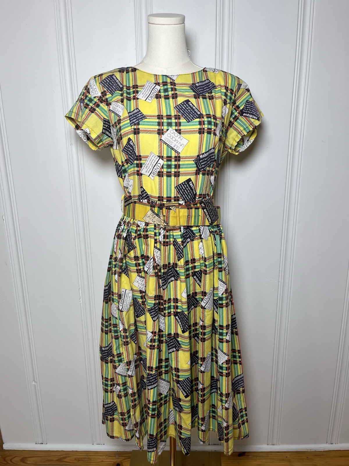 Vintage 1950s Handmade Dress Plaid Colorful Belted Retro FAST SHIP