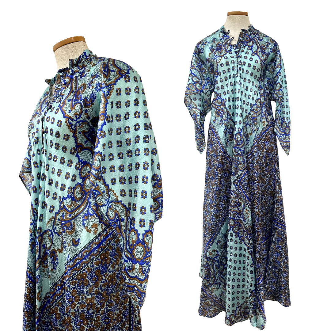 Vintage 1970s Zodiac Silk Vibrant Sky Blue Caftan with Angel Sleeves