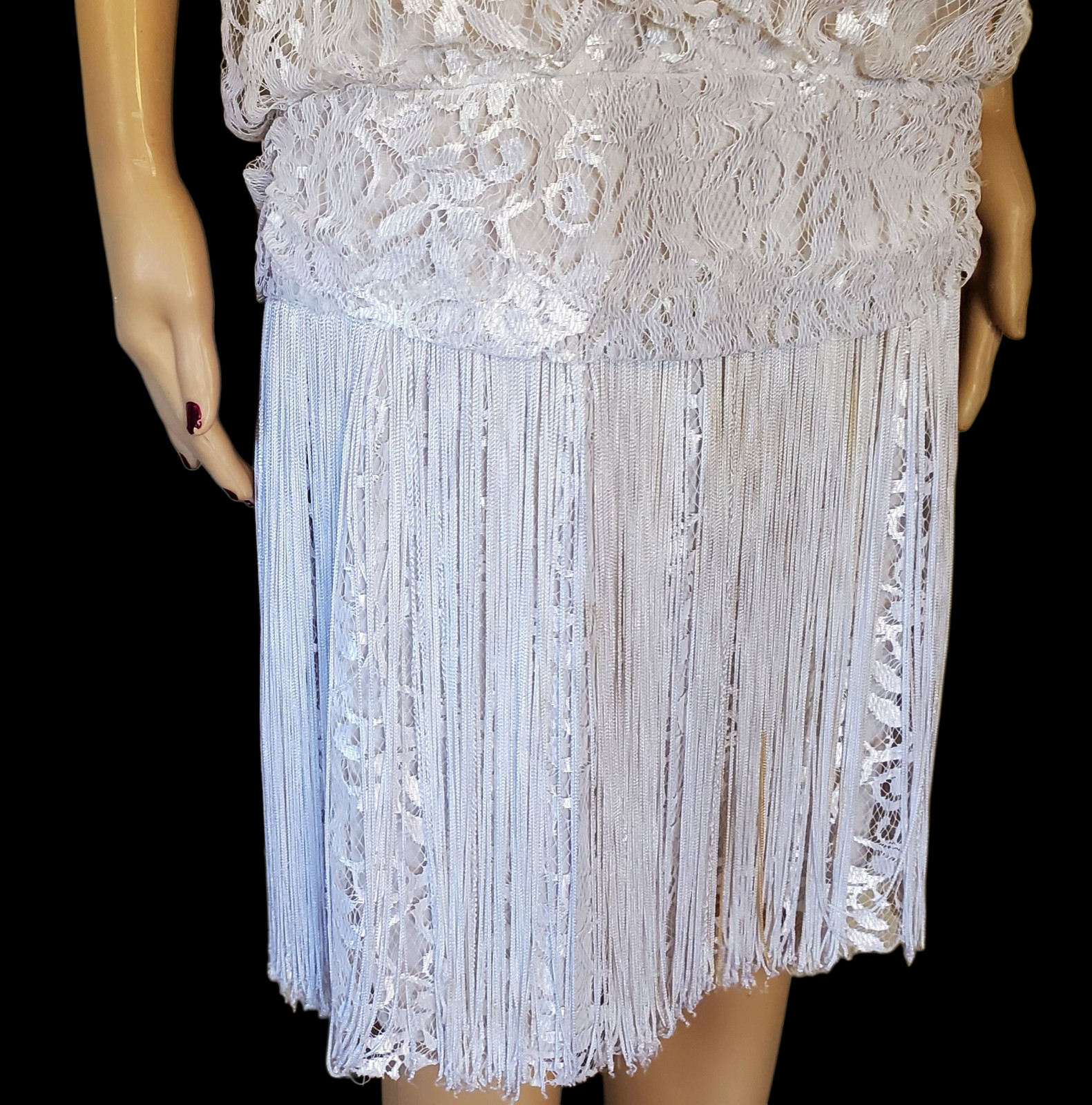 🍸VTG 80s Deco Revival Roaring 20s Flapper Shimmer Lace Fringe Drop Waist Dress