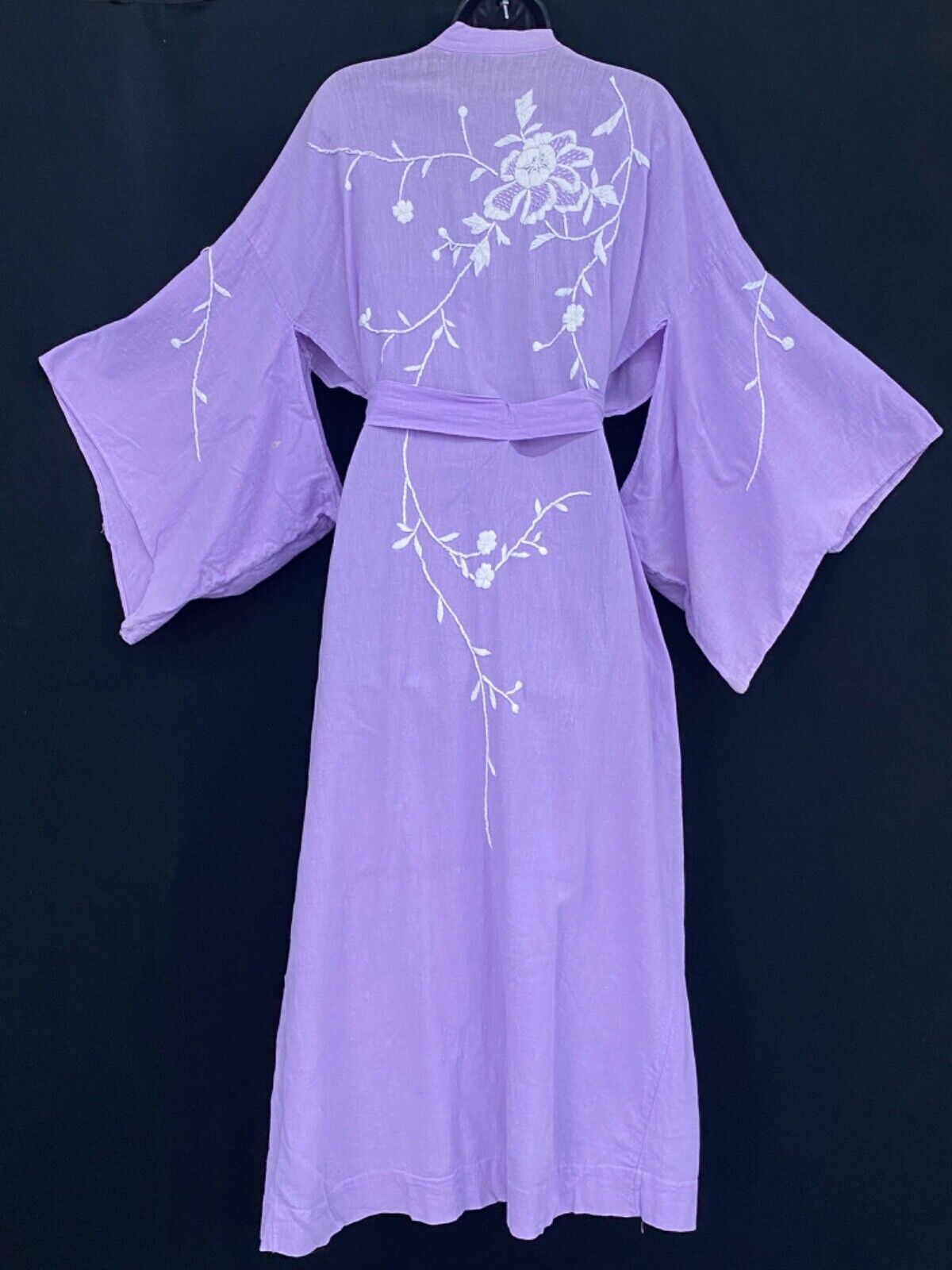 Vintage purple cotton kimono robe, white floral embroidered lilac Japanese