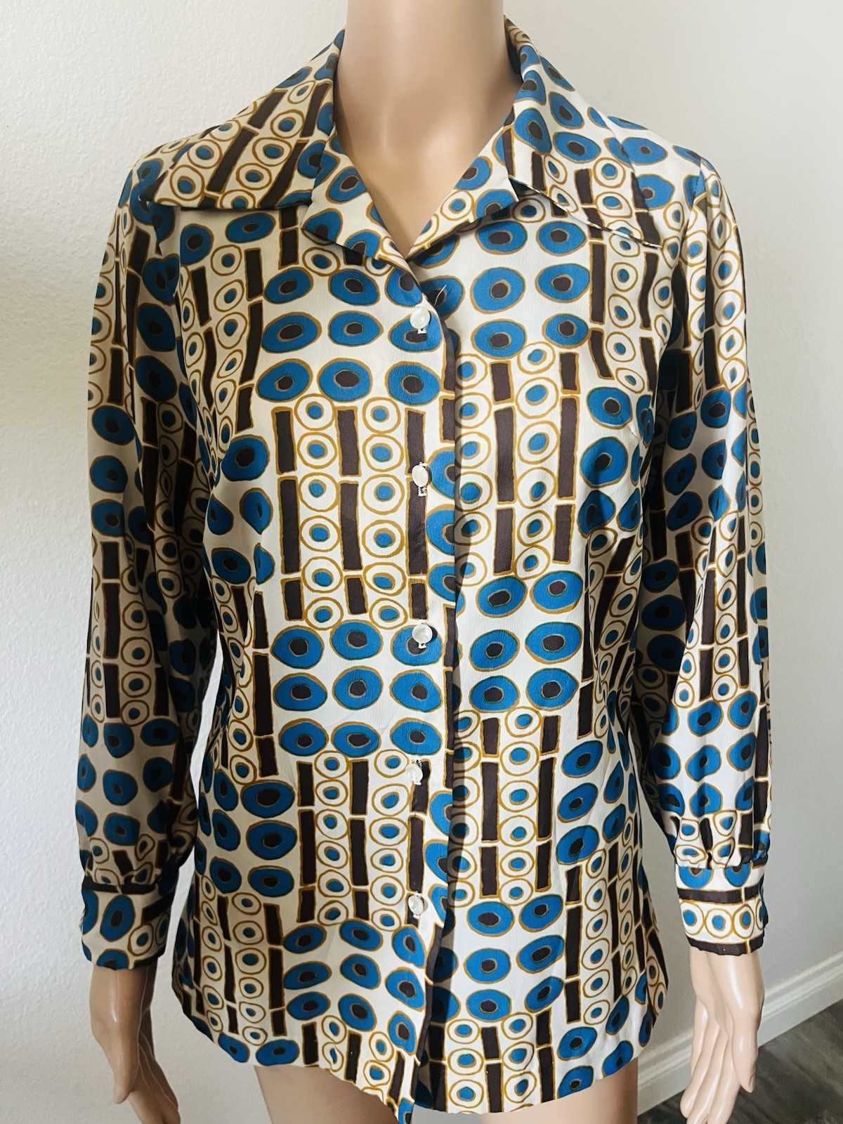 VTG 70s Disco Bold Geometric Circles Big Collar Blouse Graff Californiawear Top