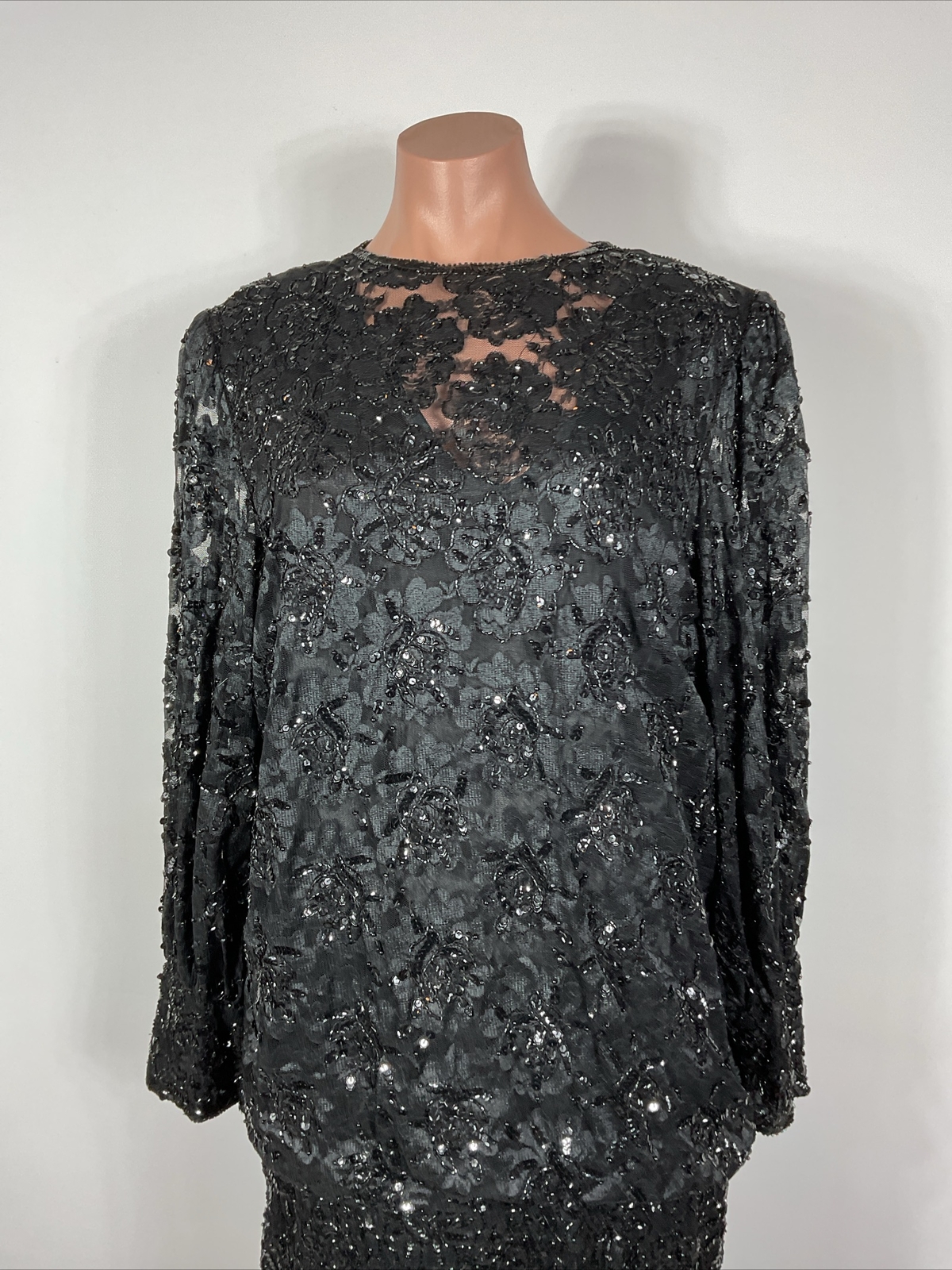 Creative Creations Vintage 80s Sequin Beaded Puff Sleeve Illusion Neck Blouson L