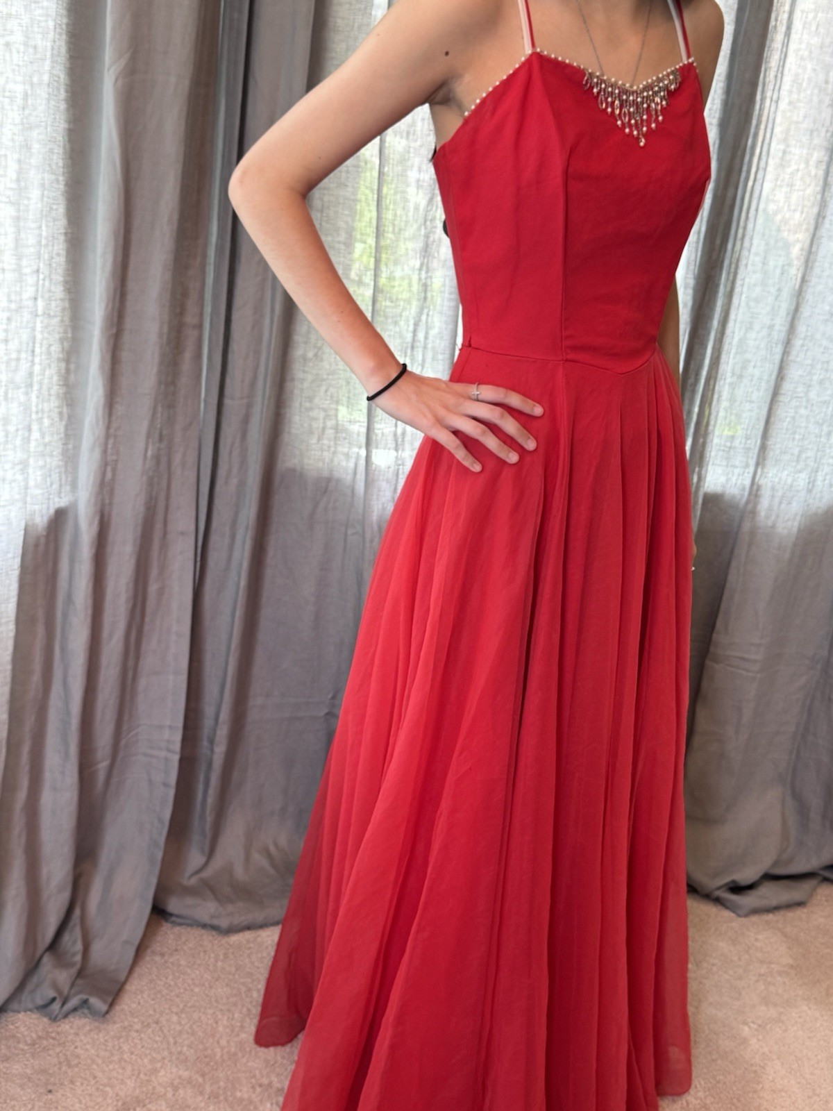60s Vintage Bright Pink Spaghetti Strap Evening Gown With Chiffon Overlay Size S