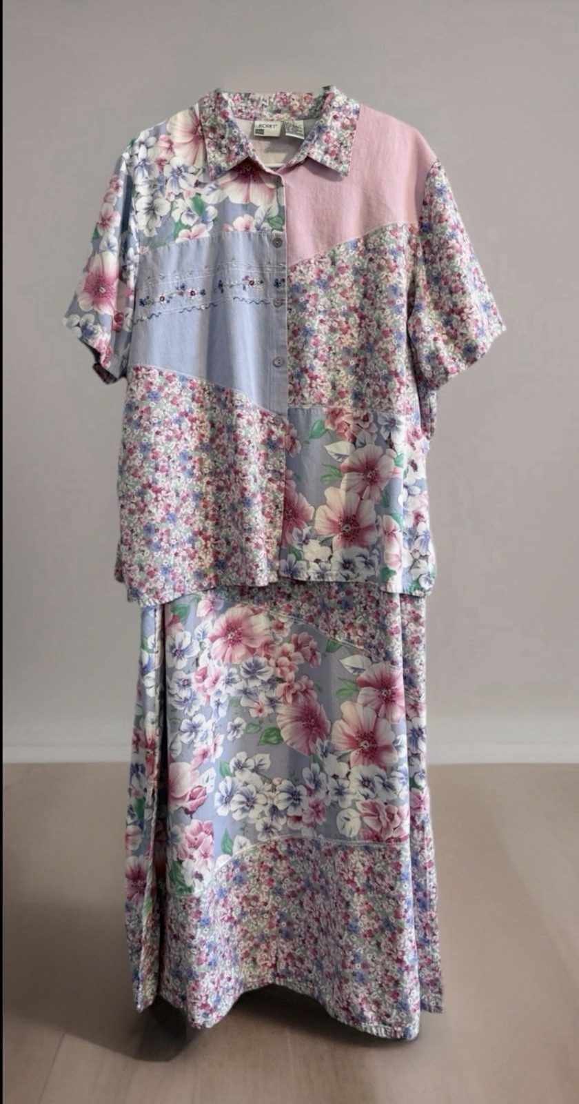 Vtg KORET Dress Set 20W Linen Bl. Maxi Floral Purple Pink Button Shirt Cottage