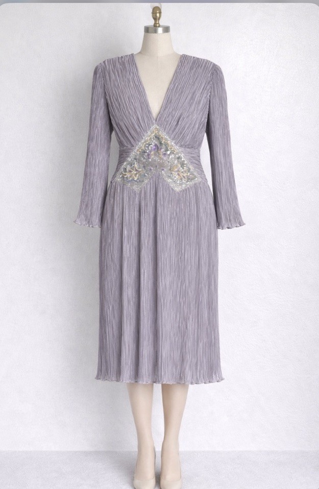 Vtg Ricki Lang Nuit Dress 10 Beads Sequins Lavender 1980s Dynasty Pleated USA