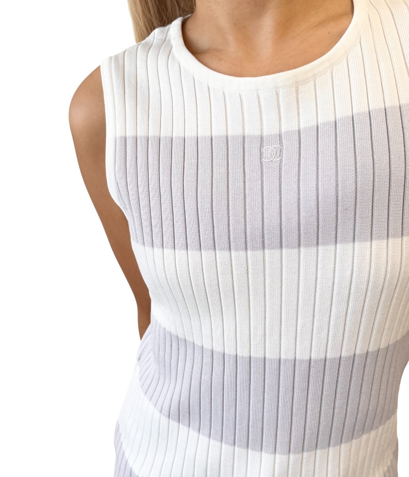 CHANEL Vintage 98P CC Mark Logo Knit Tank Top #44 White Purple Cotton