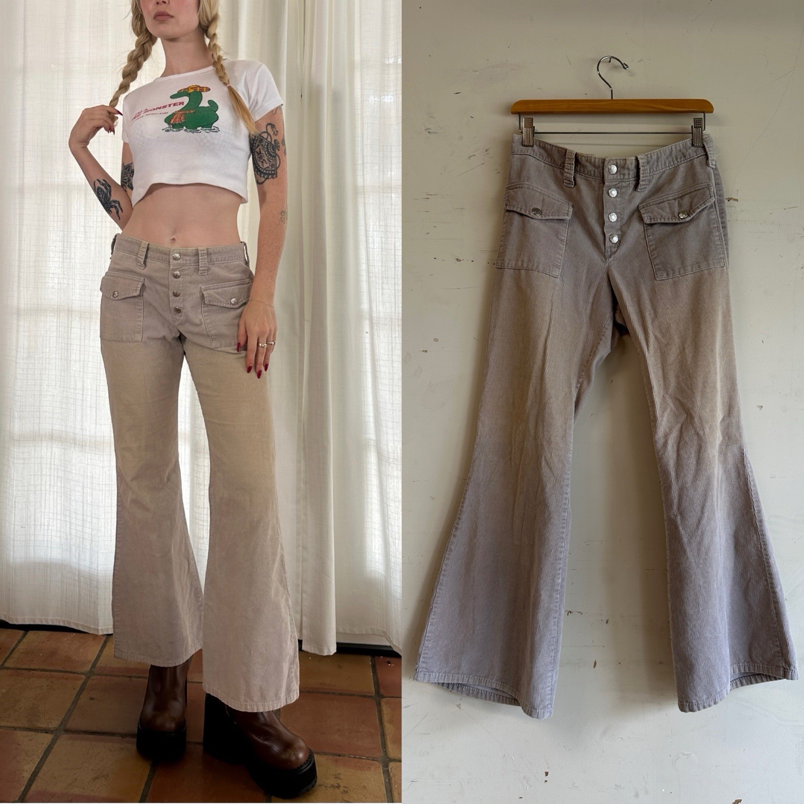 1970s Corduroy Flares Mid Rise Wide Leg 31×29 Vintage 70s