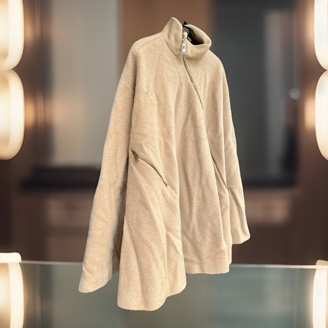 50s 60s Saks 5th Ave Wool Midi Cape Coat VTG Camel Hi Collar Front Zip