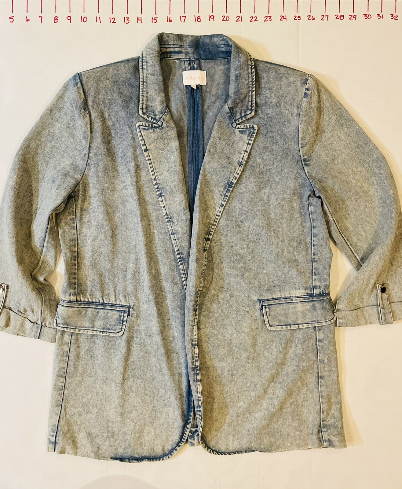 Entro Stretch Denim Stonewashed Blazer Size S Fitted Retro. 80s Fashion.