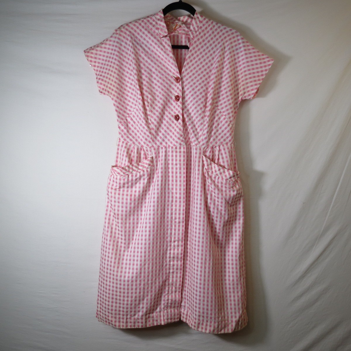 NO BELT VTG Betty Hartford Pink Gingham House Dress Rockabilly 50s A-Line READ