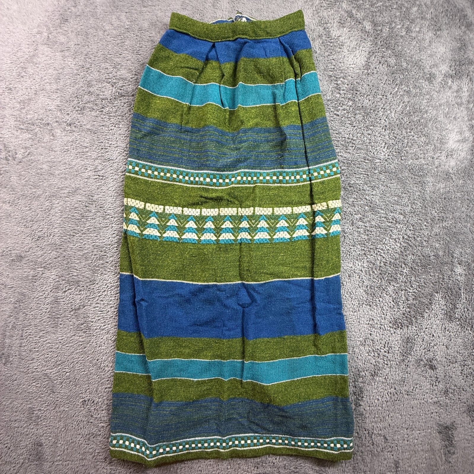 Vintage 70s Woven Striped Maxi Skirt XS Talon Zip Boho Hippie Blue Green