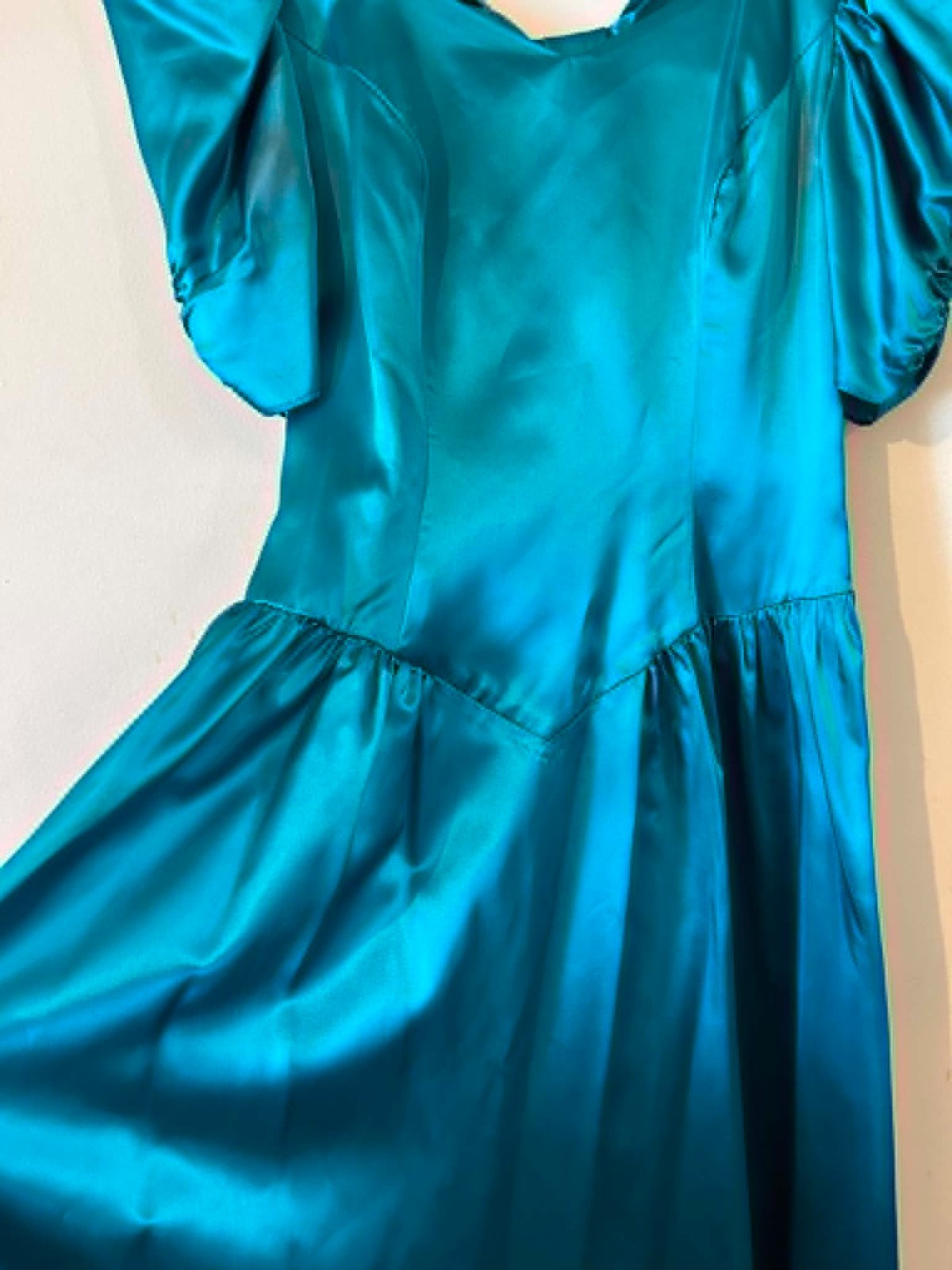 Vtg 80s Teal Acetate Liquid Satin Prom Dress Open Back Bow Puff Sleeve USA Sz 12