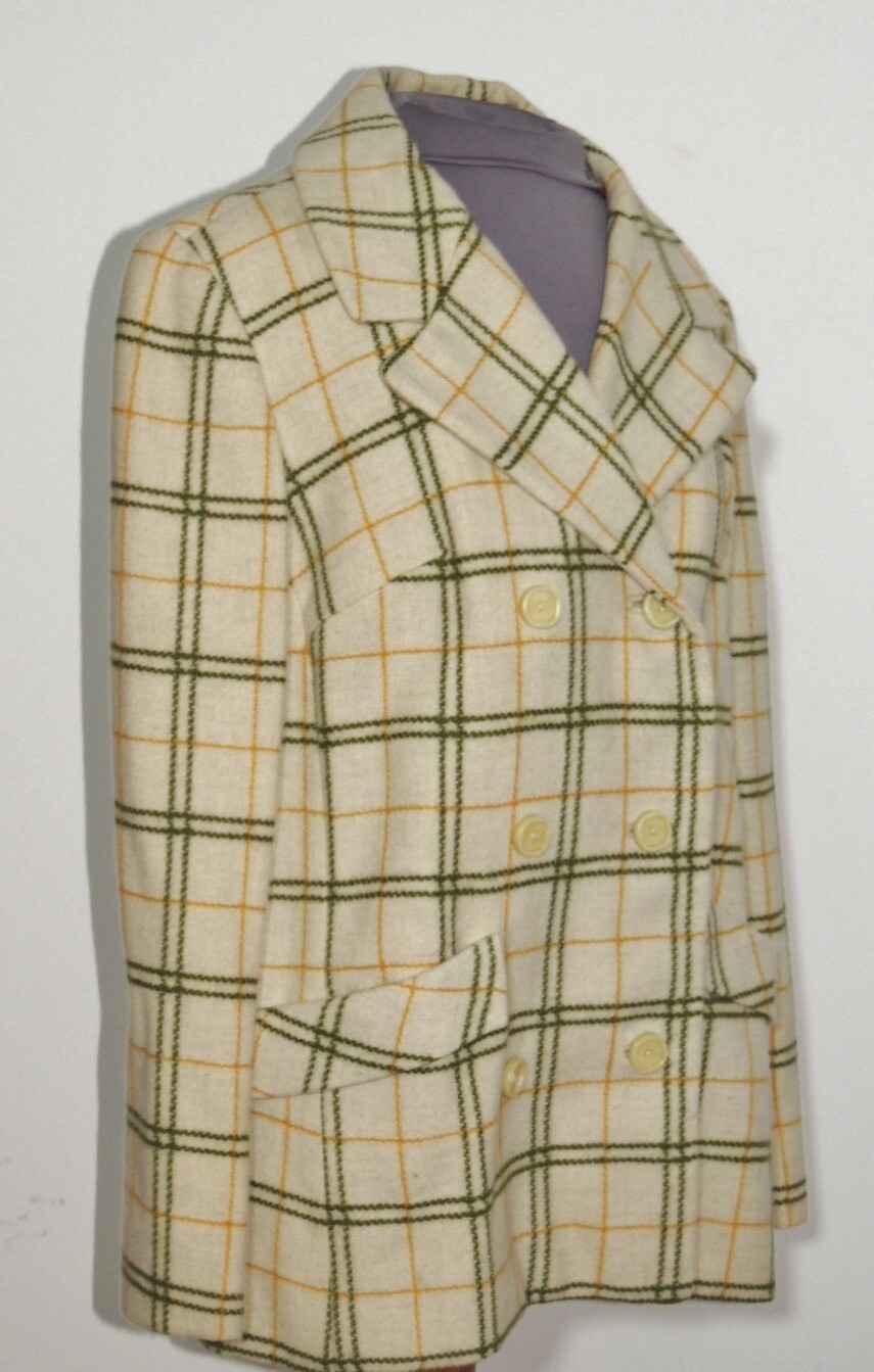 1960&rsquo;s Green / Orange / Ivory Plaid Double Breasted Wool or Blend Jacket MED