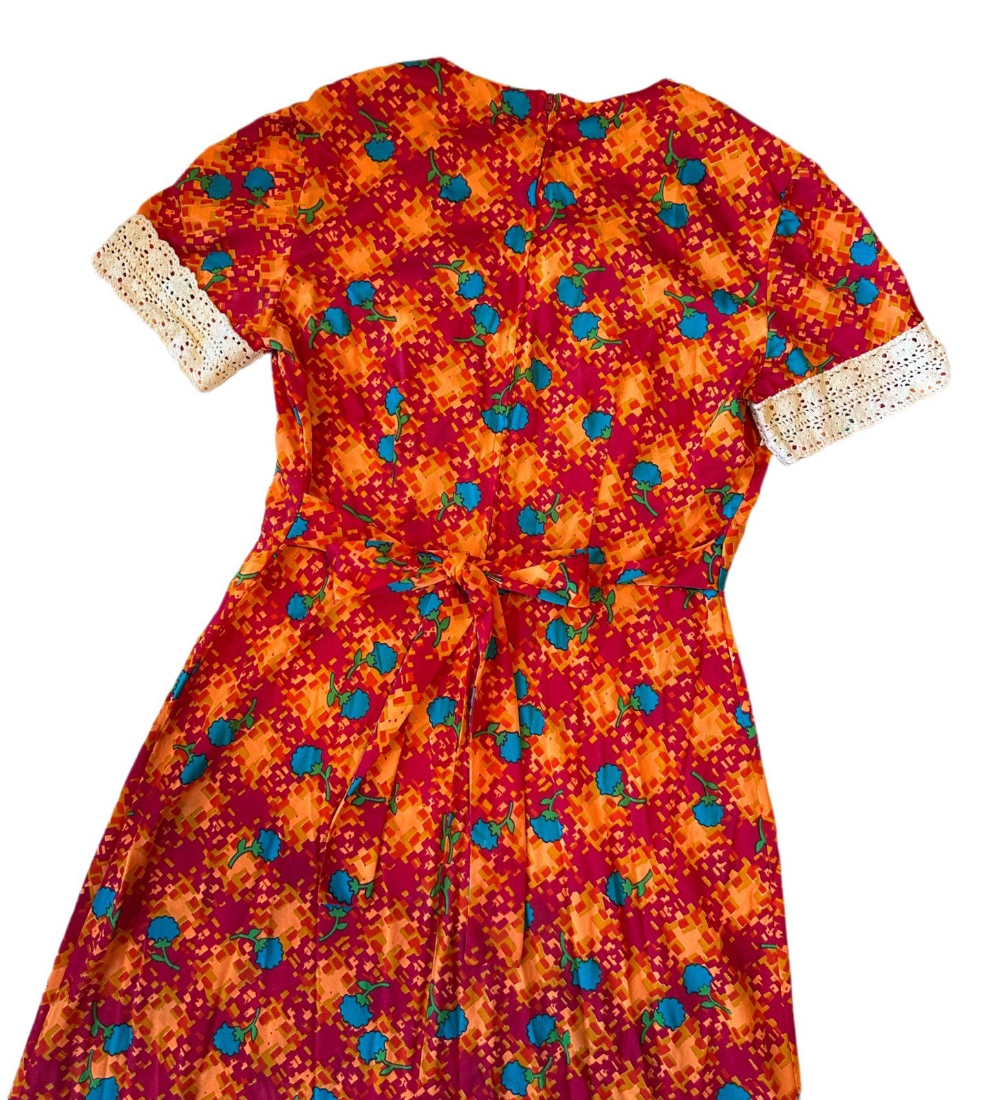 Vintage 70s JC Penny Nylon Dayglo Prairie Disco Crochet Orange Maxi Dress Vtg 17