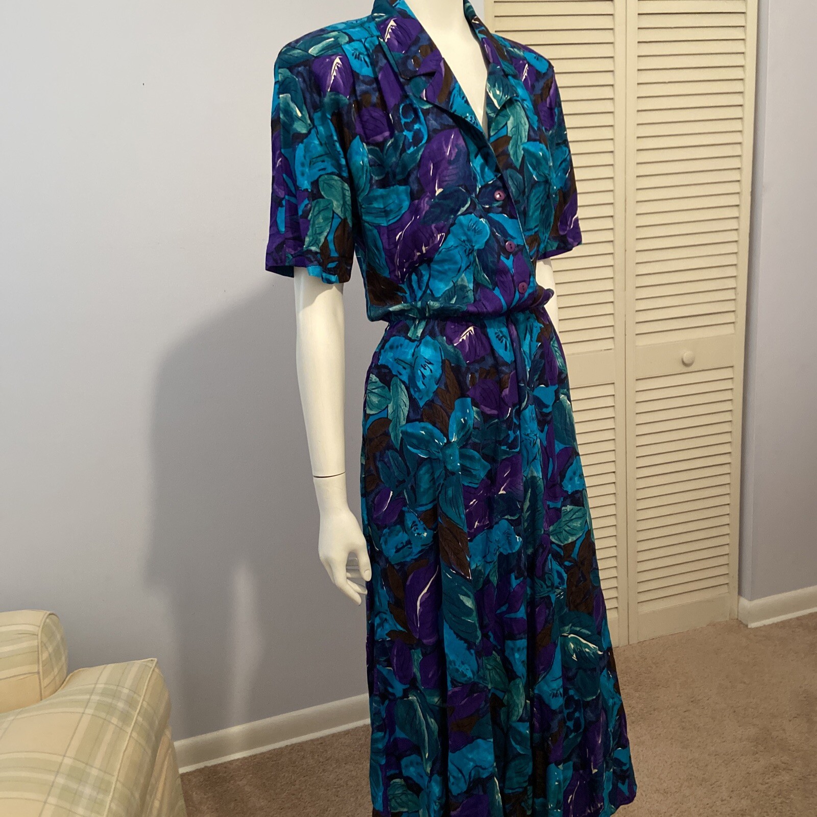 Vtg Jessica Howard Dress Big Flowers Leafs in Greens & Purples Pockets Size 8