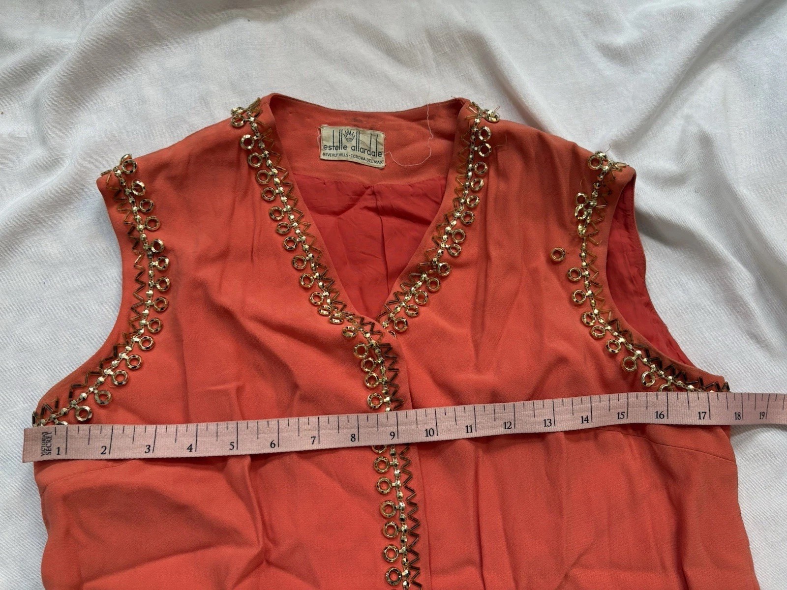 1960s Estelle Allardale Designer Orange Gold Beaded Blouse Retro Small MOD