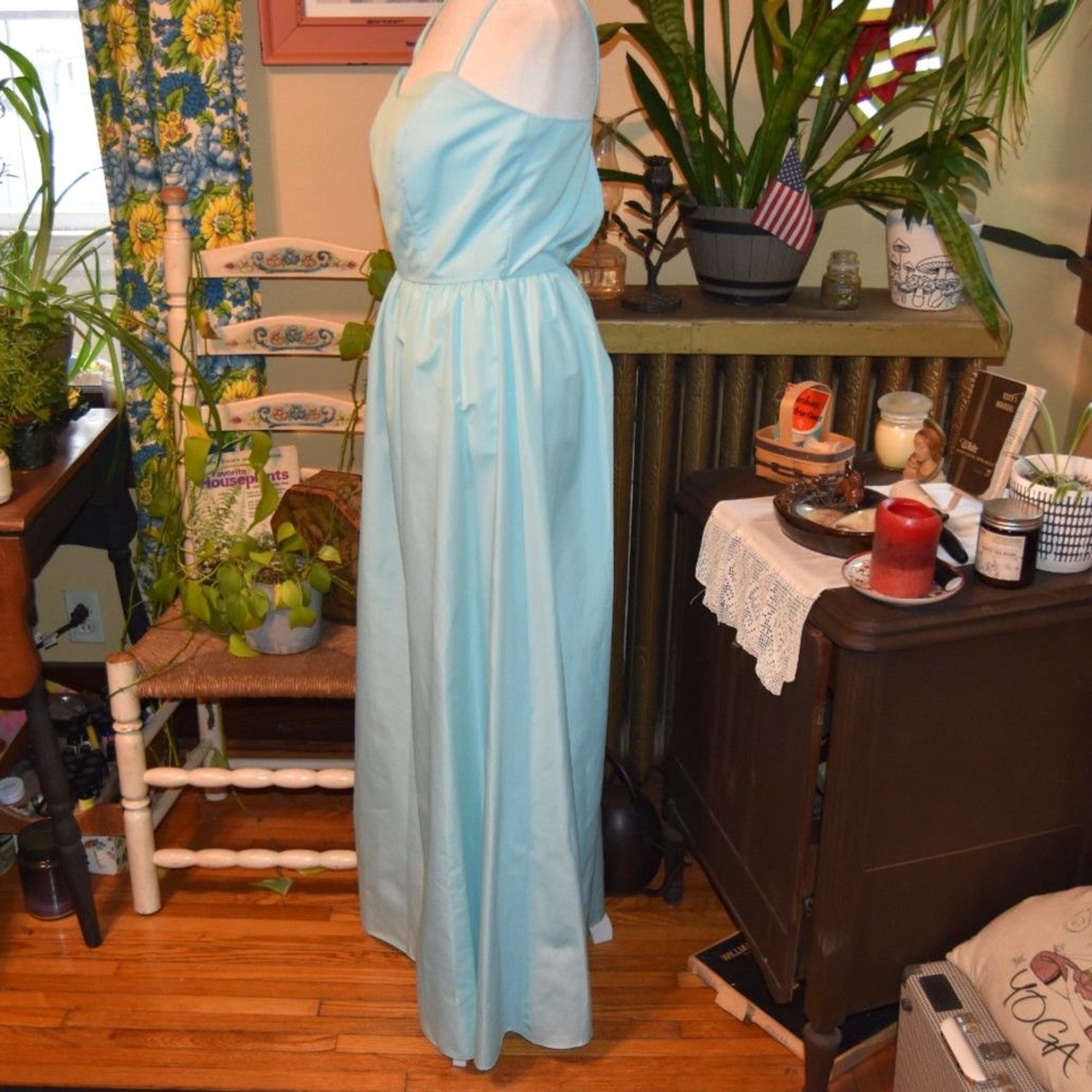 Vintage 1970s Powder Blue Satin Dress Spaghetti Strap Sweetheart Maxi Size XS