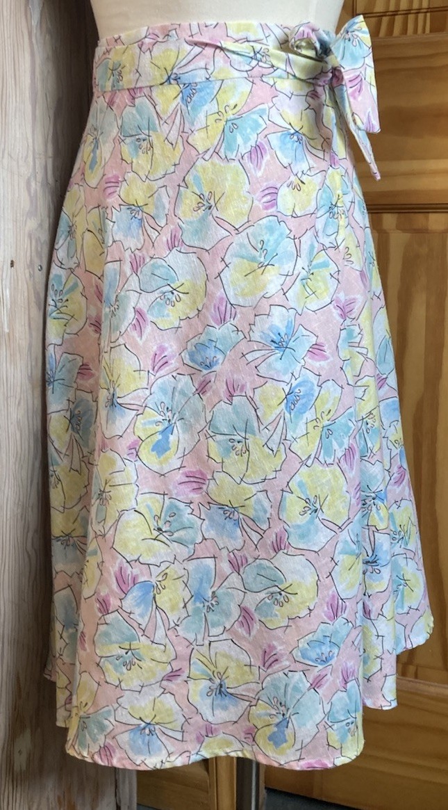 70s Vintage Handmade High Waisted Wrap Skirt S/M Linen Cotton Pastels Floral EUC