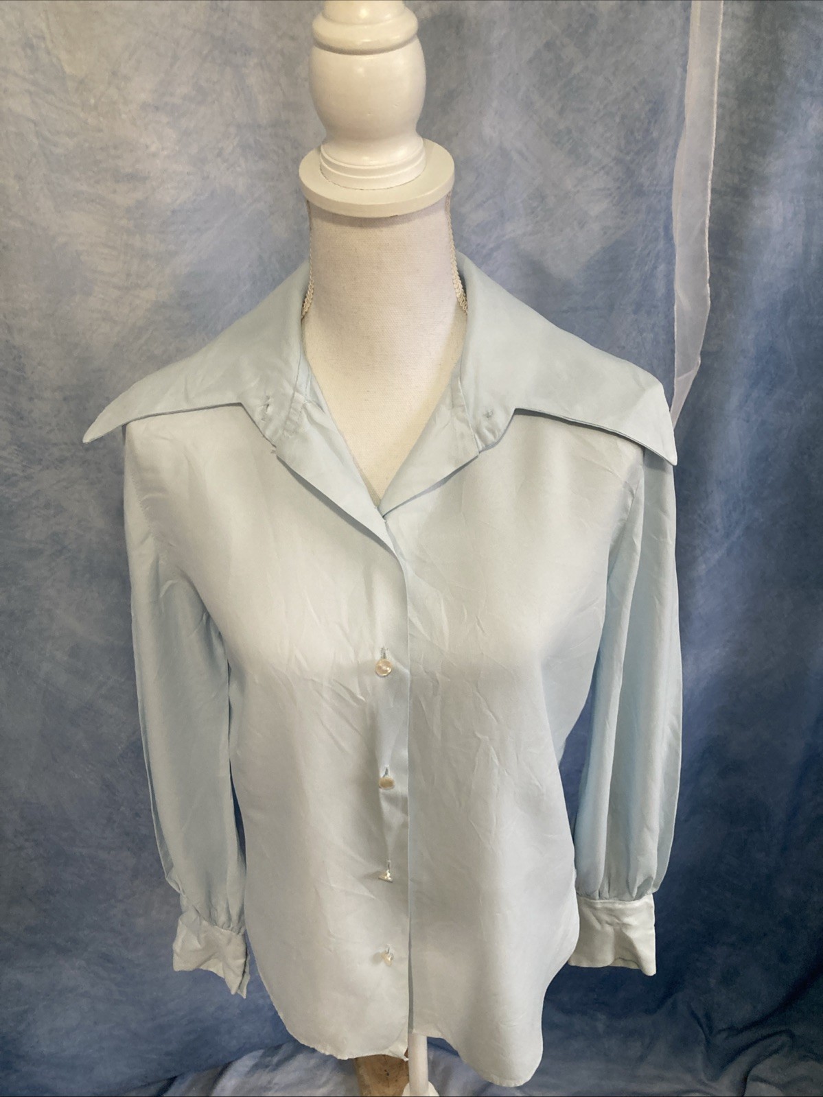 VTG Miss Chris Blue Ruffle Jabot Blouse 70s Secretary Victorian Union Made XS/S