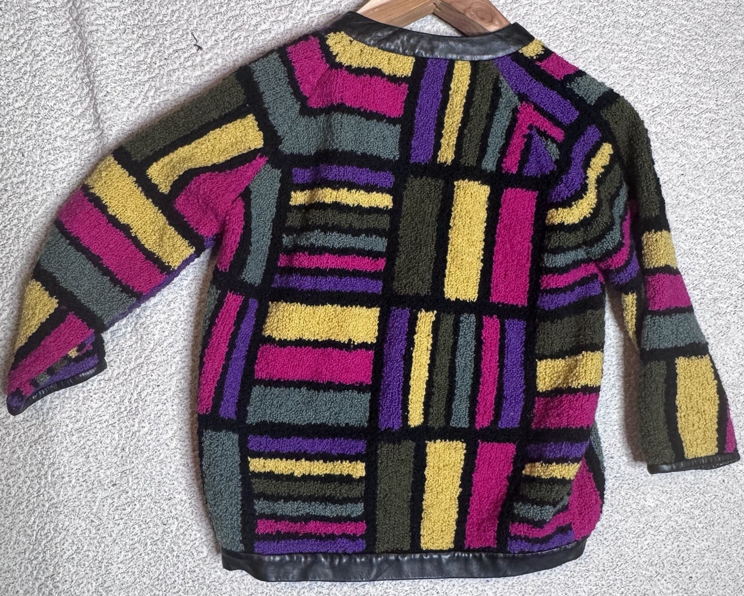 60’s Ilaria Technicolor Colorblock Geometric cardigan sweater Leather Trim