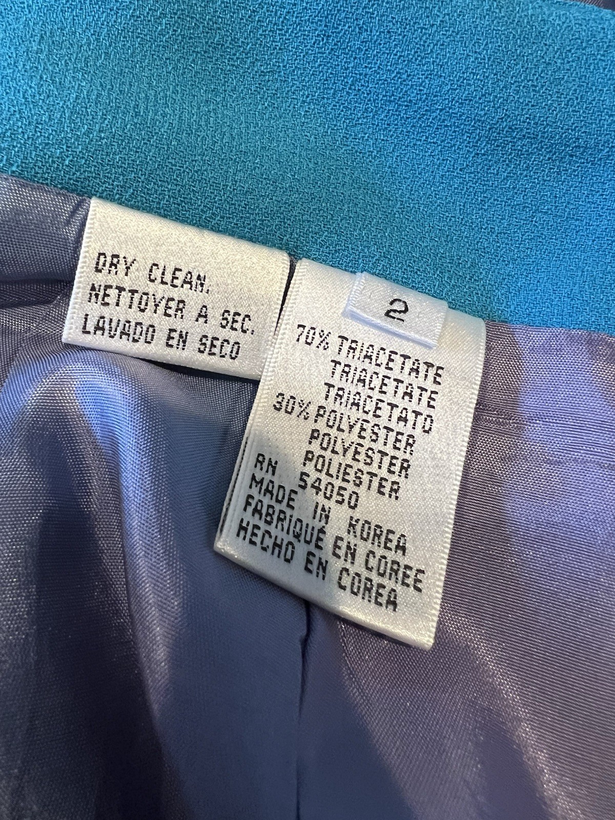 VTG Christian Dior Size 2 1980s 2Pc Turquoise Blue Skirt Suit Set