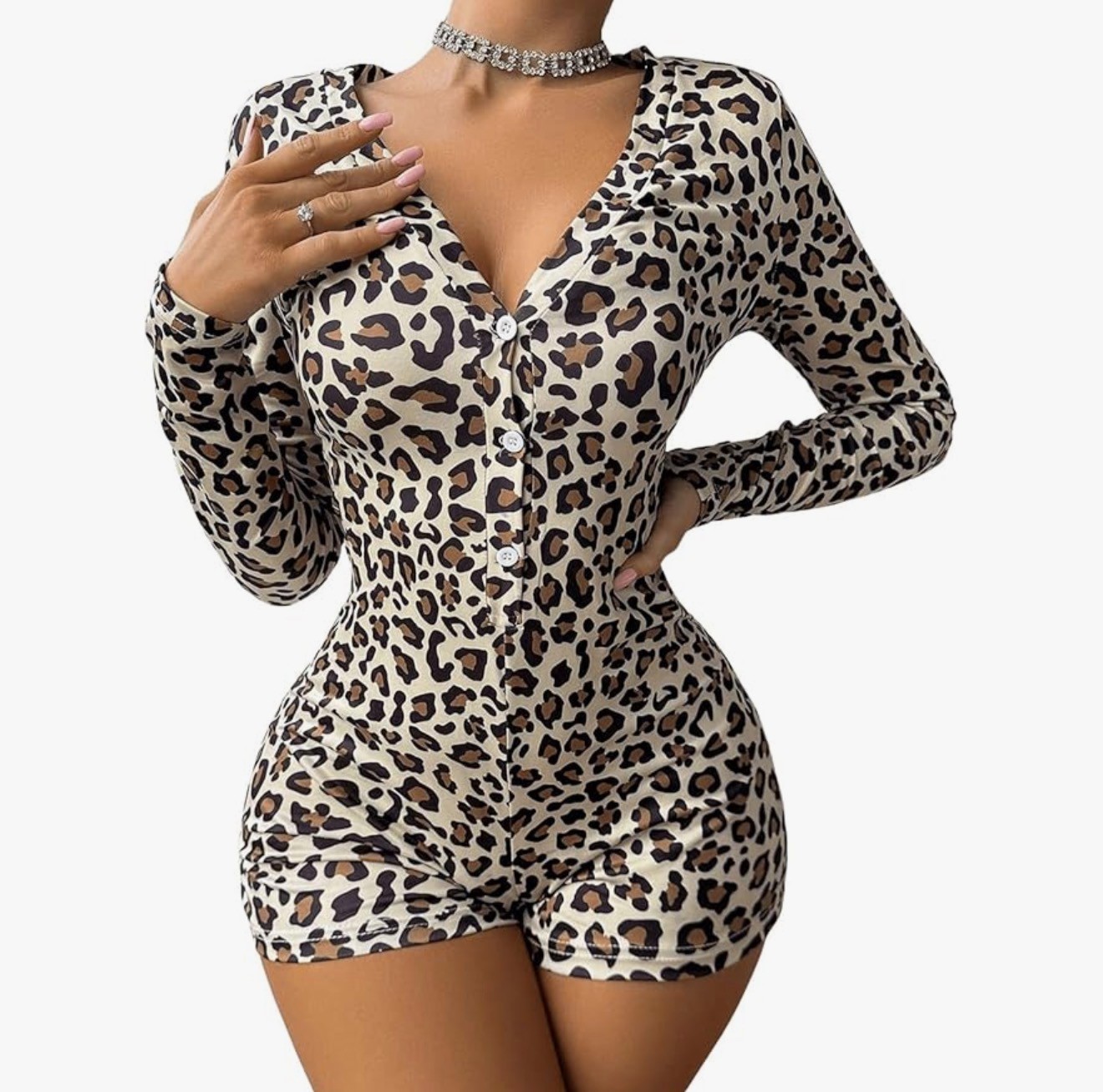 Women’s Leopard Print Long Sleeve Button Romper – Sexy V Neck One Piece Outfit-M