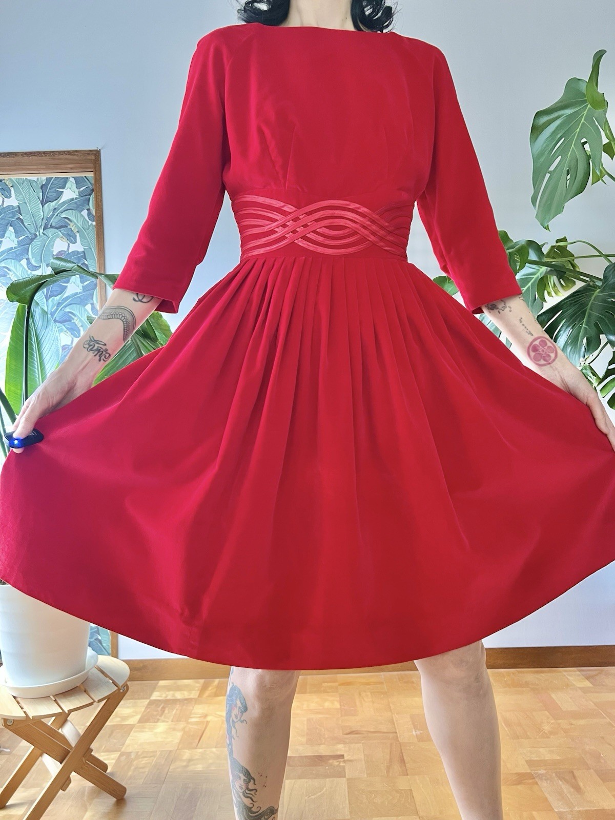 VTG 50s Carol Brent Red Velveteen Cocktail Dress XS/S Rockabilly