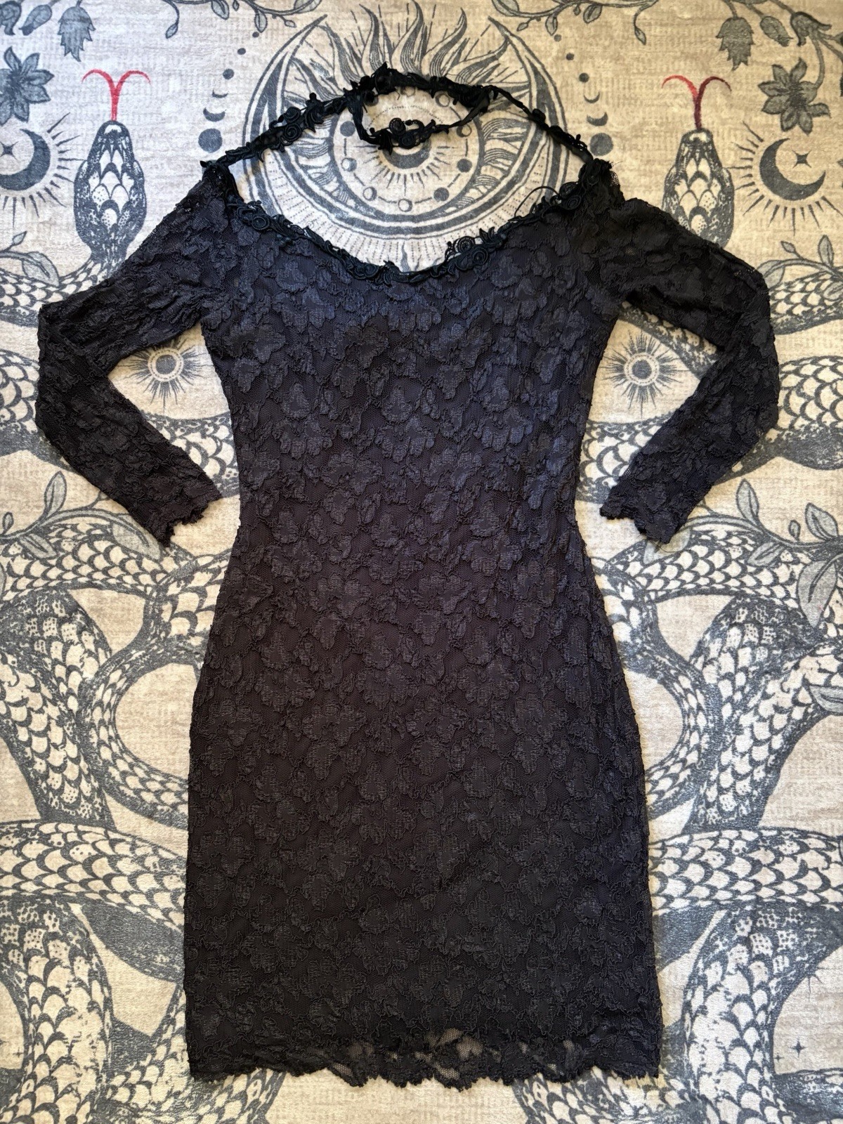 Vintage 80s 90s Black Lace Short Dress Long Sleeve Choker Off Shoulder Sz 14