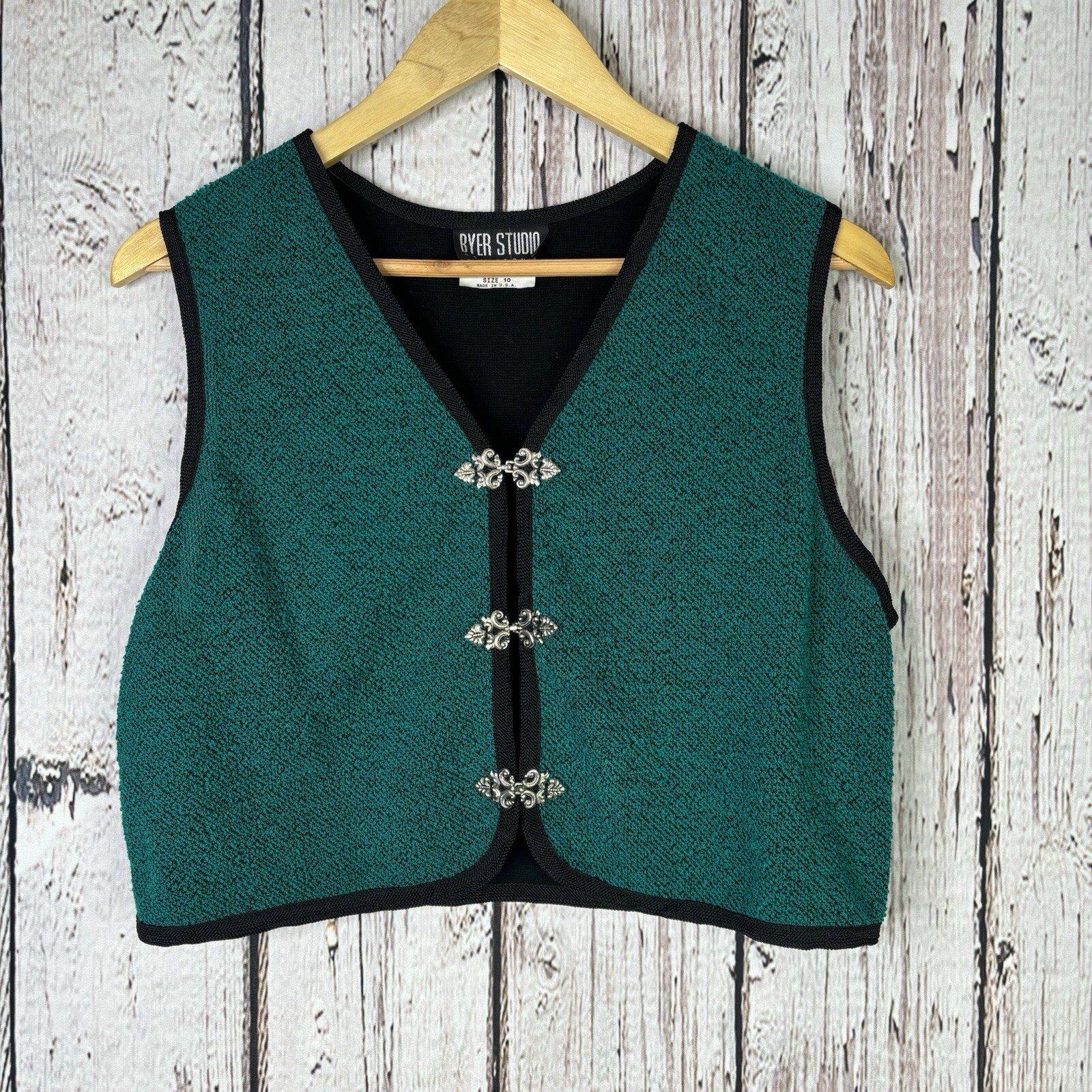 Vintage Byer Studio California Boucle Cropped Vest Jungle Green Black Size 10