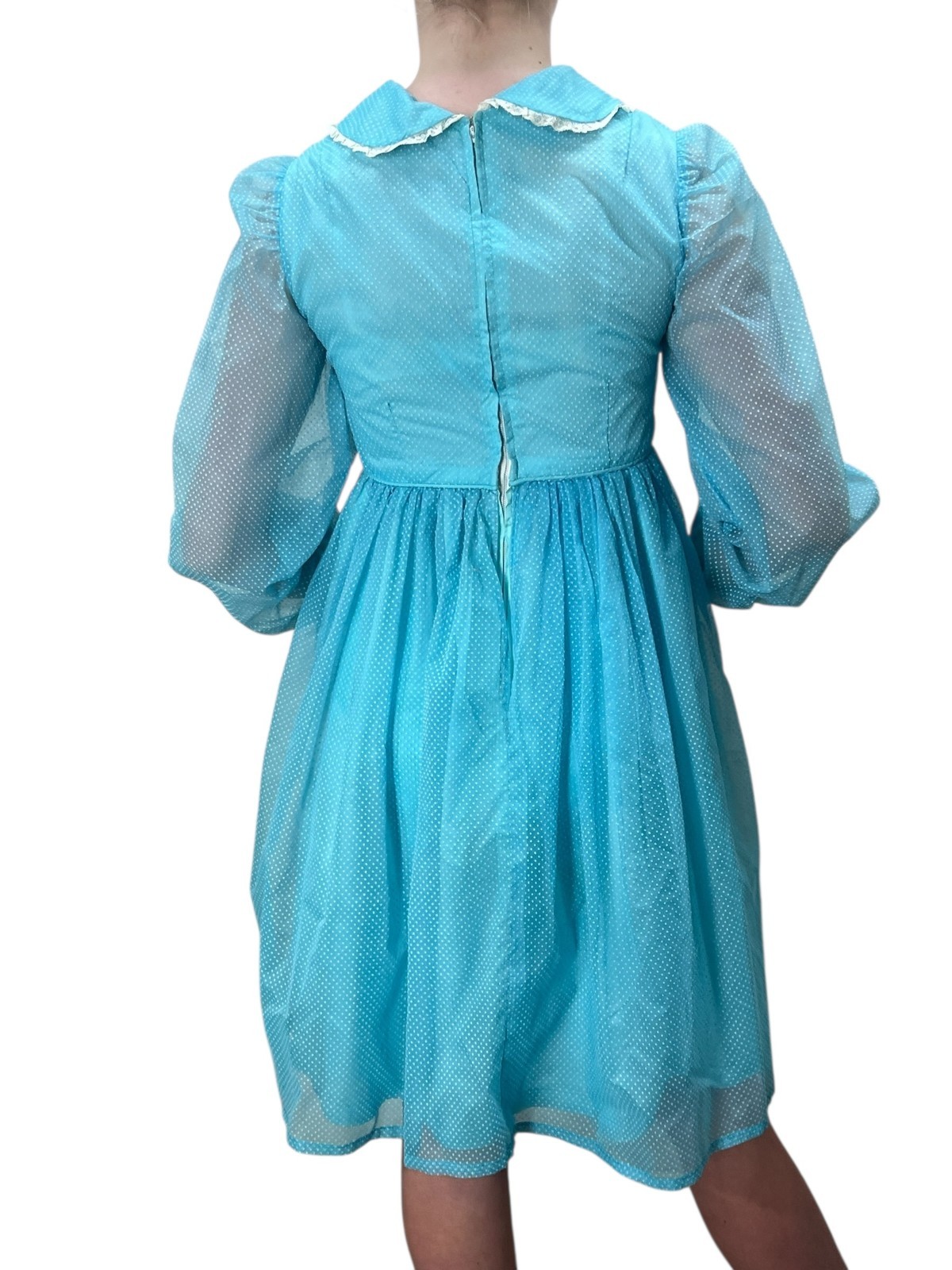 Vtg 60s Sz XS~S BABYDOLL Mini Dress Blue Swiss Dot Empire Waistline MOD