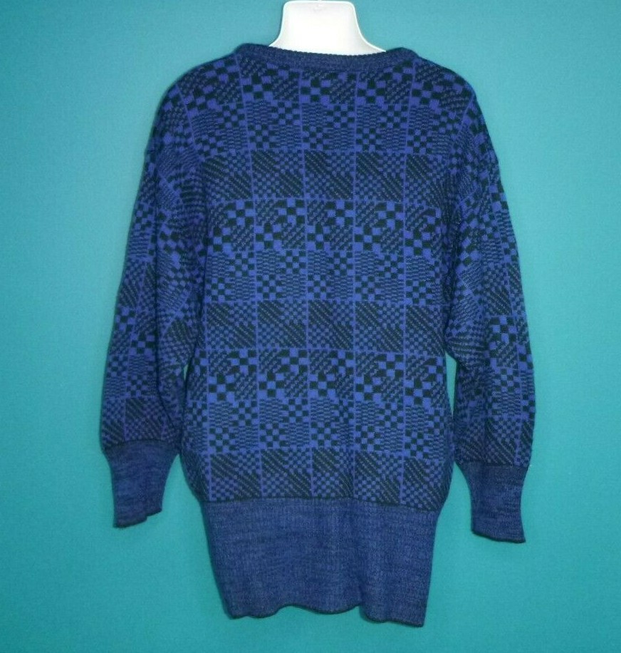 Vtg 80s Midnight Blues Oversized Acrylic Sweater Royal Blue & Black Check Sz M