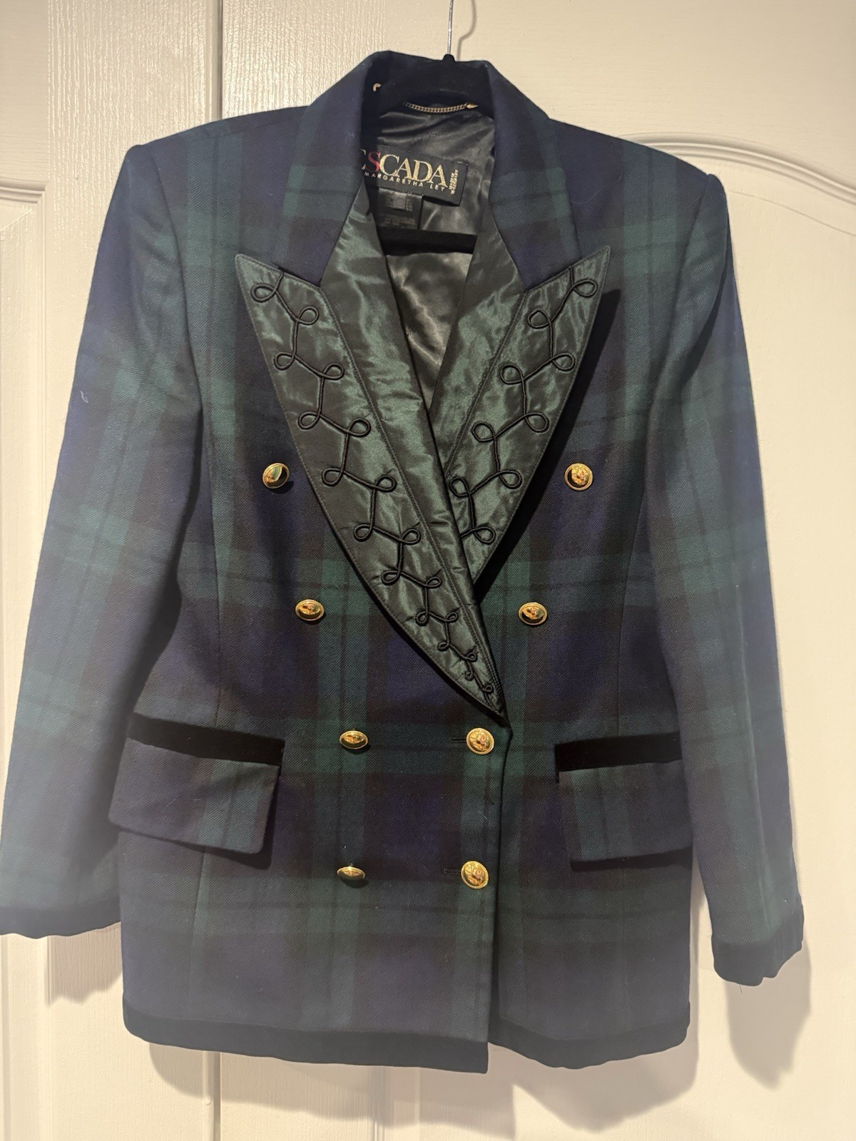 Escada Margaretha Ley Vintage Wool Blazer Jacket Plaid Blue Green
