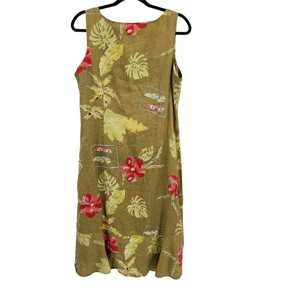 Vtg 80s Coconut Girl Linen Tropical Hawaiian Travel Print Dress Sz 14 Flounce