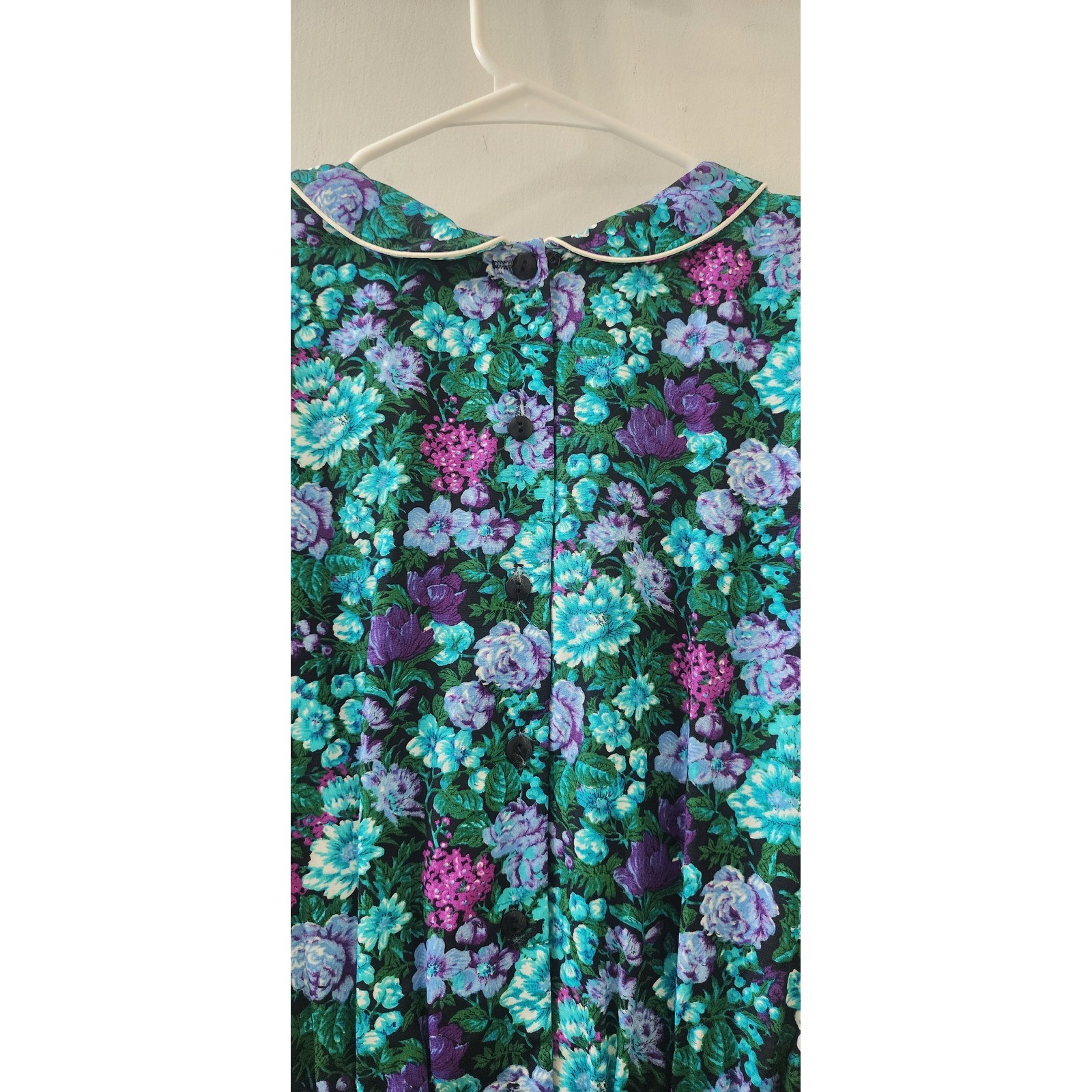 Michelle Stuart Vintage Floral Midi Dress Teal Purple Rayon Belted Size 8 USA