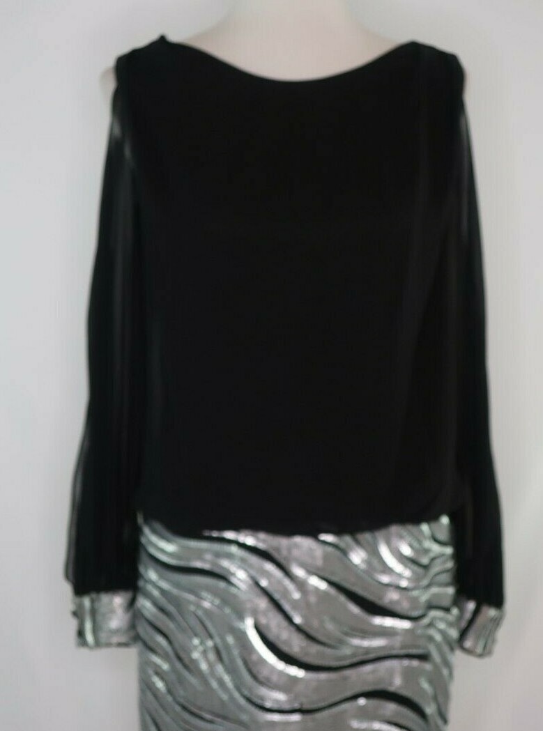 Cache Black Silver Sequin Evening Party Cocktail Dress Sheer Open Sleeve Size 10