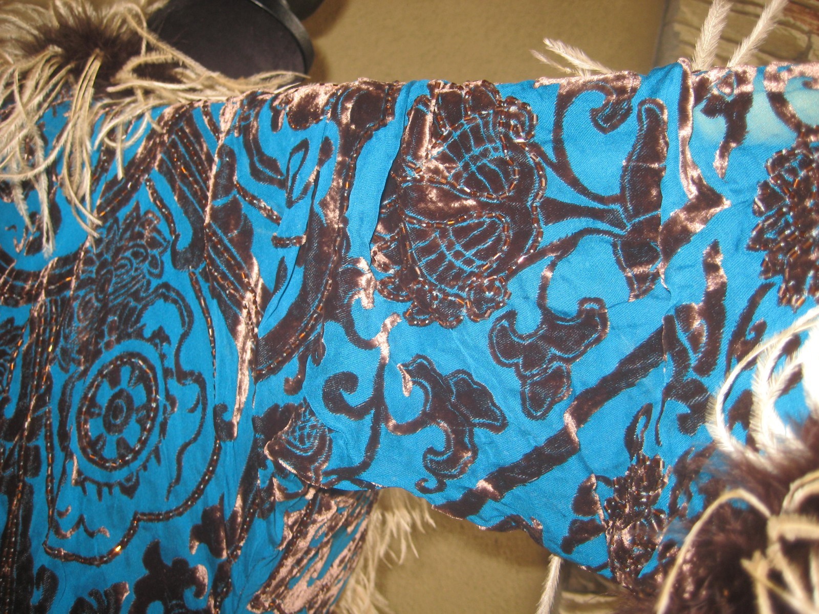 Vintage w/tag Mina Collection turquoise burnout kimono feathers sleeves wrap S/M