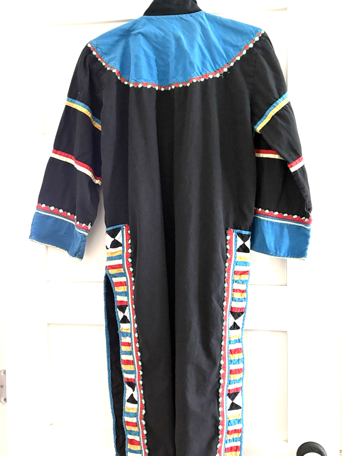 Vtg Thai Hill Tribe Jacket Geometric Patchwork Duster Coat Folk Art Kaftan Boho