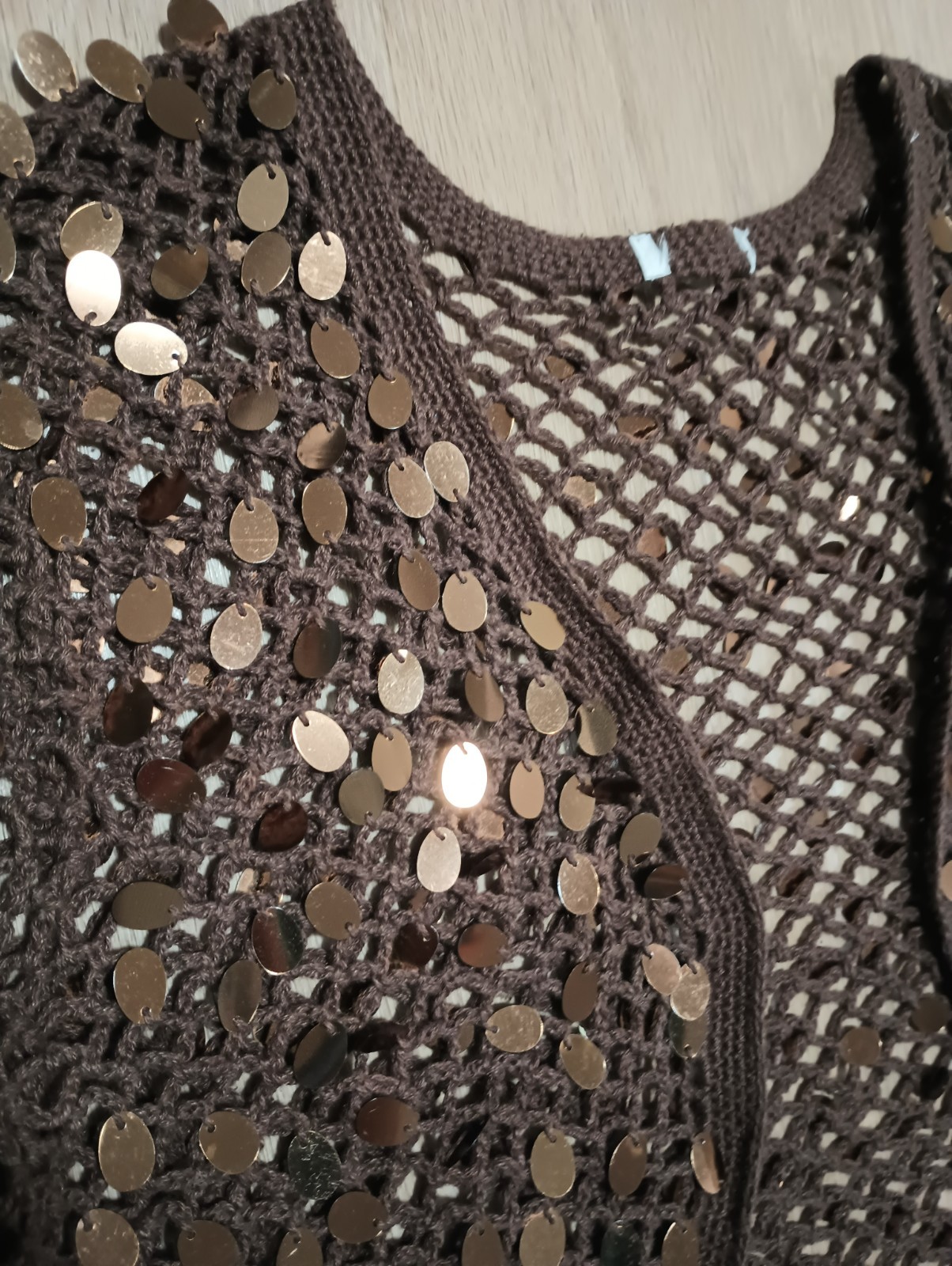Vtg 90s Open Knit Stretch Brown Sequin Sparkle Open Bolero Cropped Jacket Top S