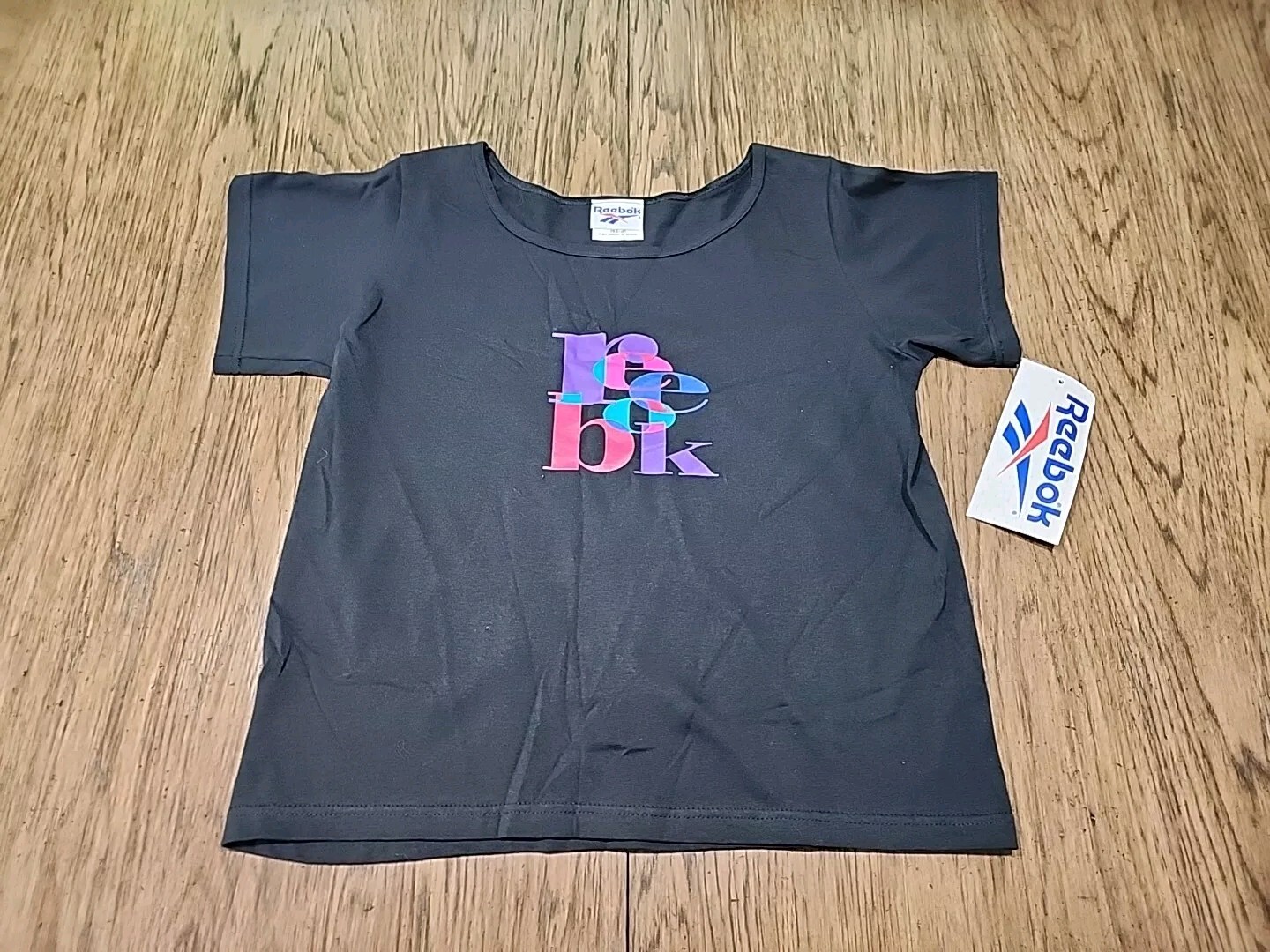 VTG Reebok Crop Top T Shirt Womens Medium M Black Spell Out NEW NWT Purple 1993!
