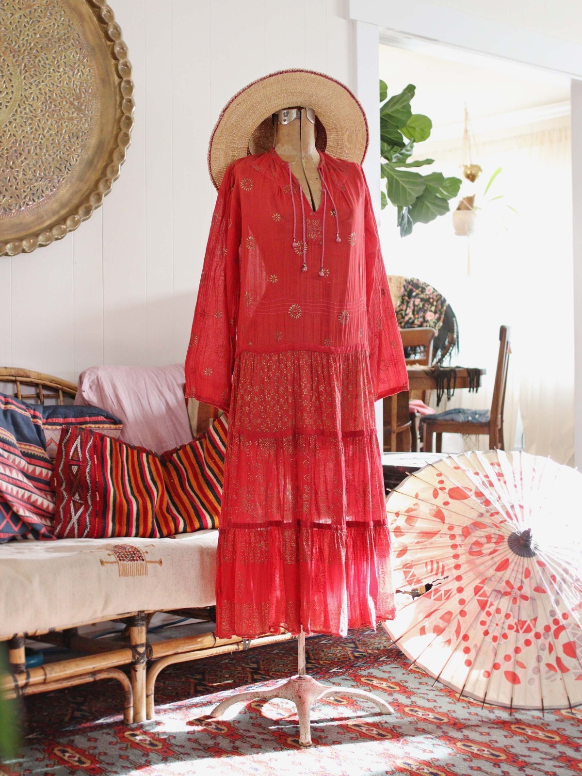 VTG Indian Thin Cotton Gauze Persimmon Red Gold Block Printed Peasant Dress