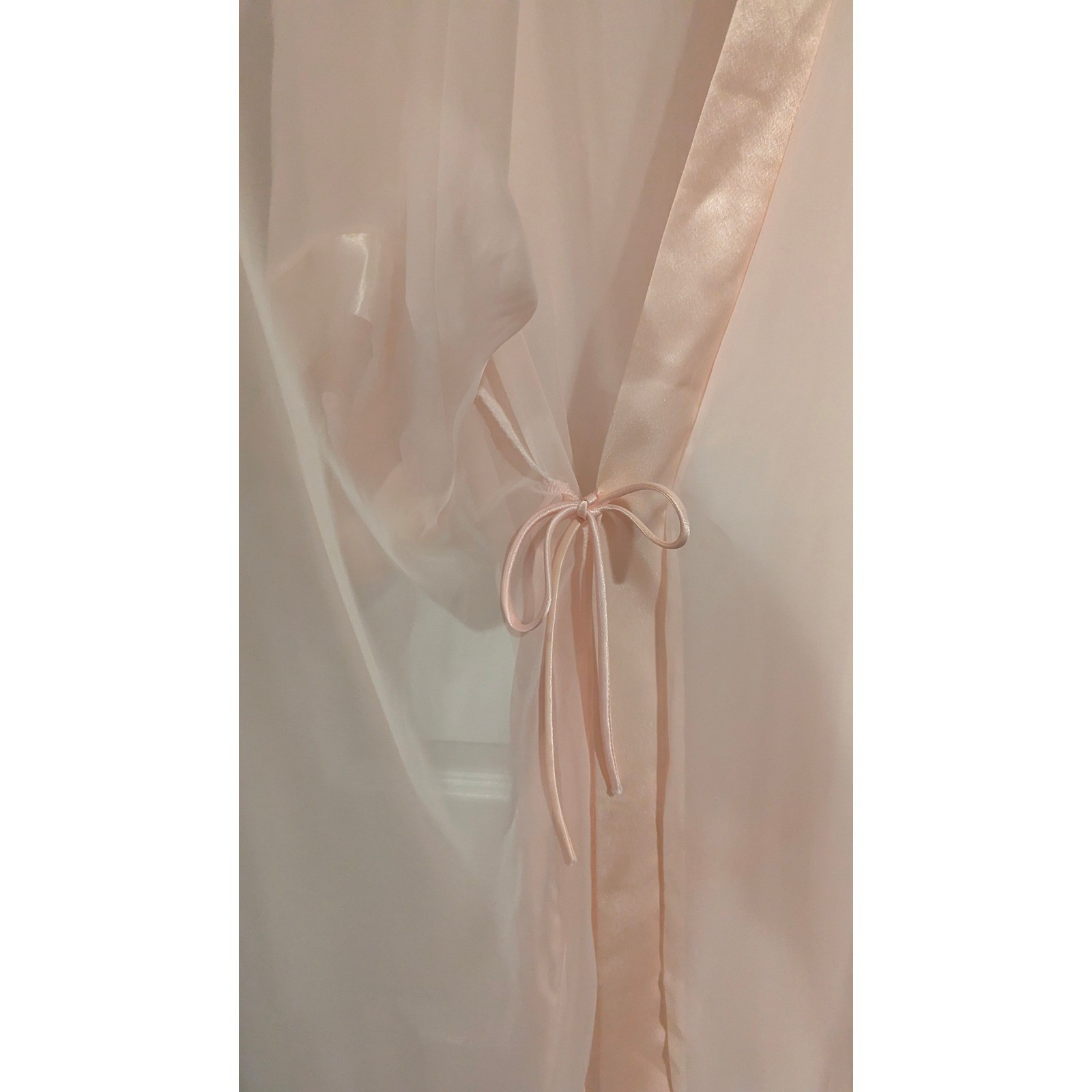 Cine Star Vintage Sheer Robe Medium Peach Satin Trim Belted Glamour Coquette