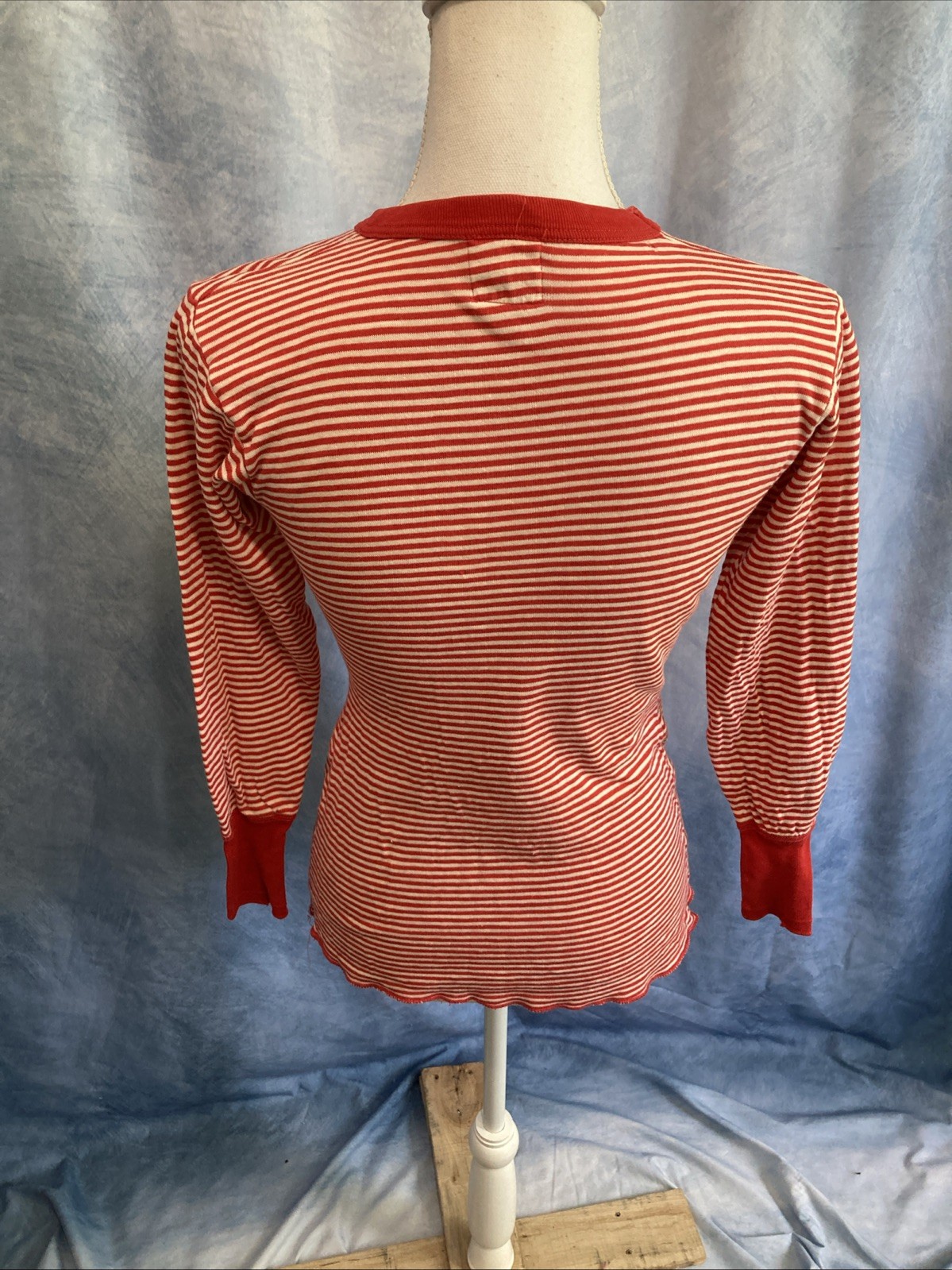 Vtg 60s Duofold Striped Base Layer Thermal Top Red Crewneck Wool Blend Womens XS